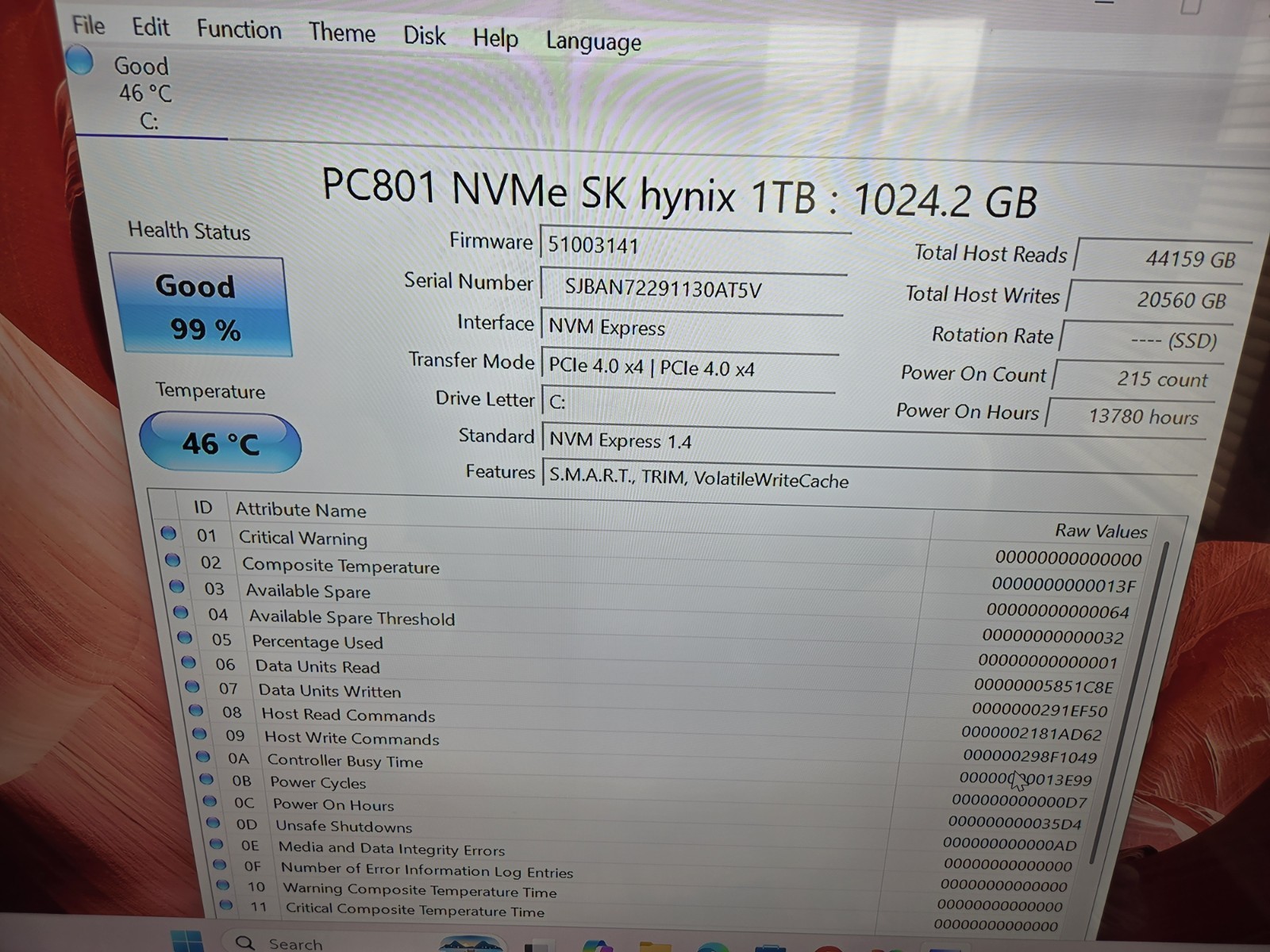 SK hynix PC801 1TB NVMe M.2 SSD PCIe Gen 4×4 – 99% Health (Platinum P41 OEM)