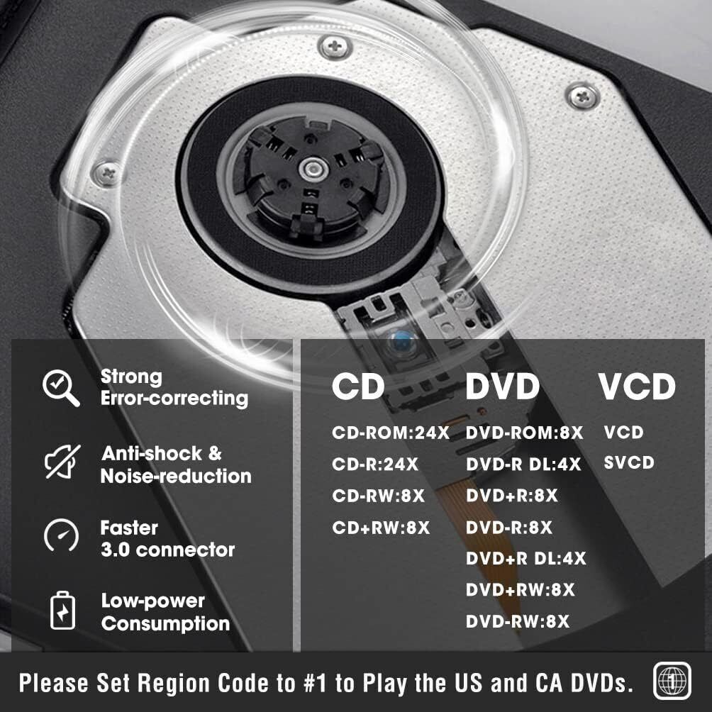 Slim External CD DVD Drive USB3.0 Player Burner Writer for Laptop PC Mac Desktop