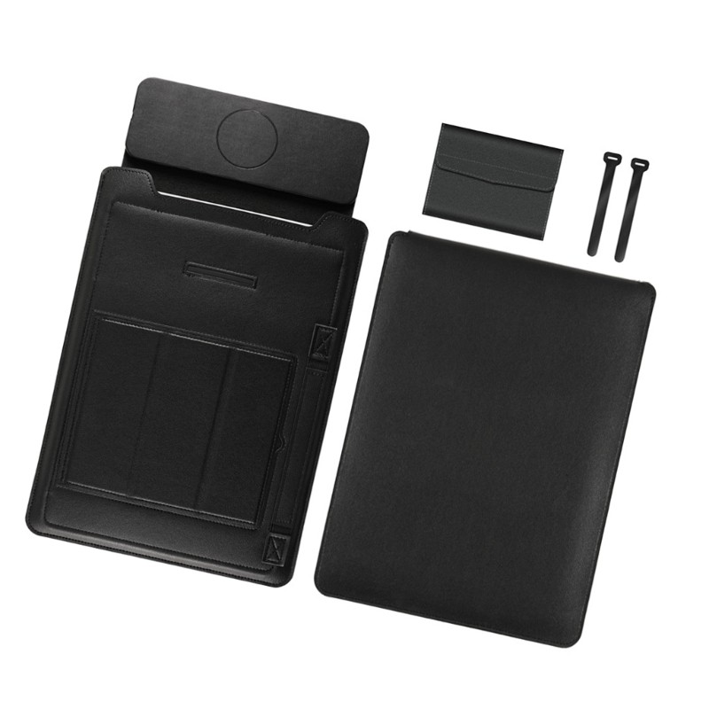 Ergonomic Laptop Stand In Black Leather Wireless Charging Capability For Phones