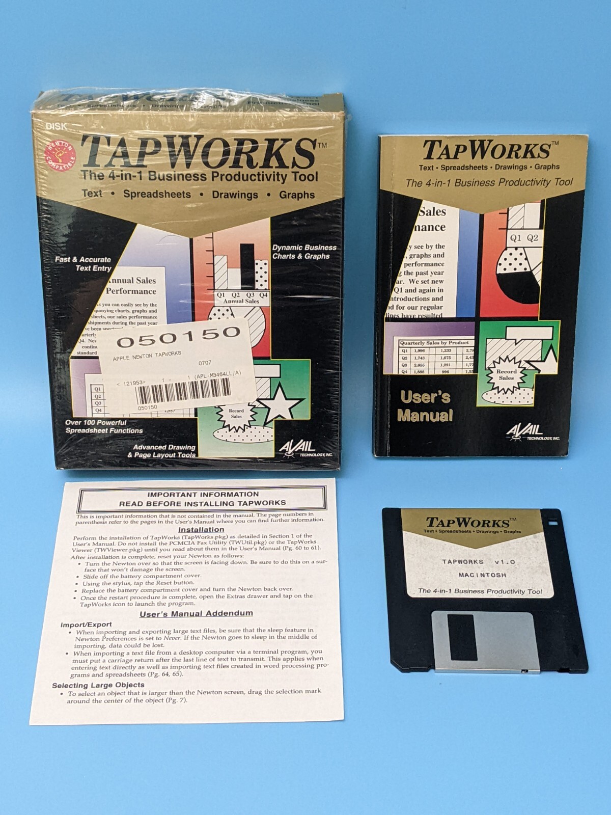 Apple Newton TapWorks v1.0 (In Box): 3.5” Disk For Macintosh OS / Software 1994