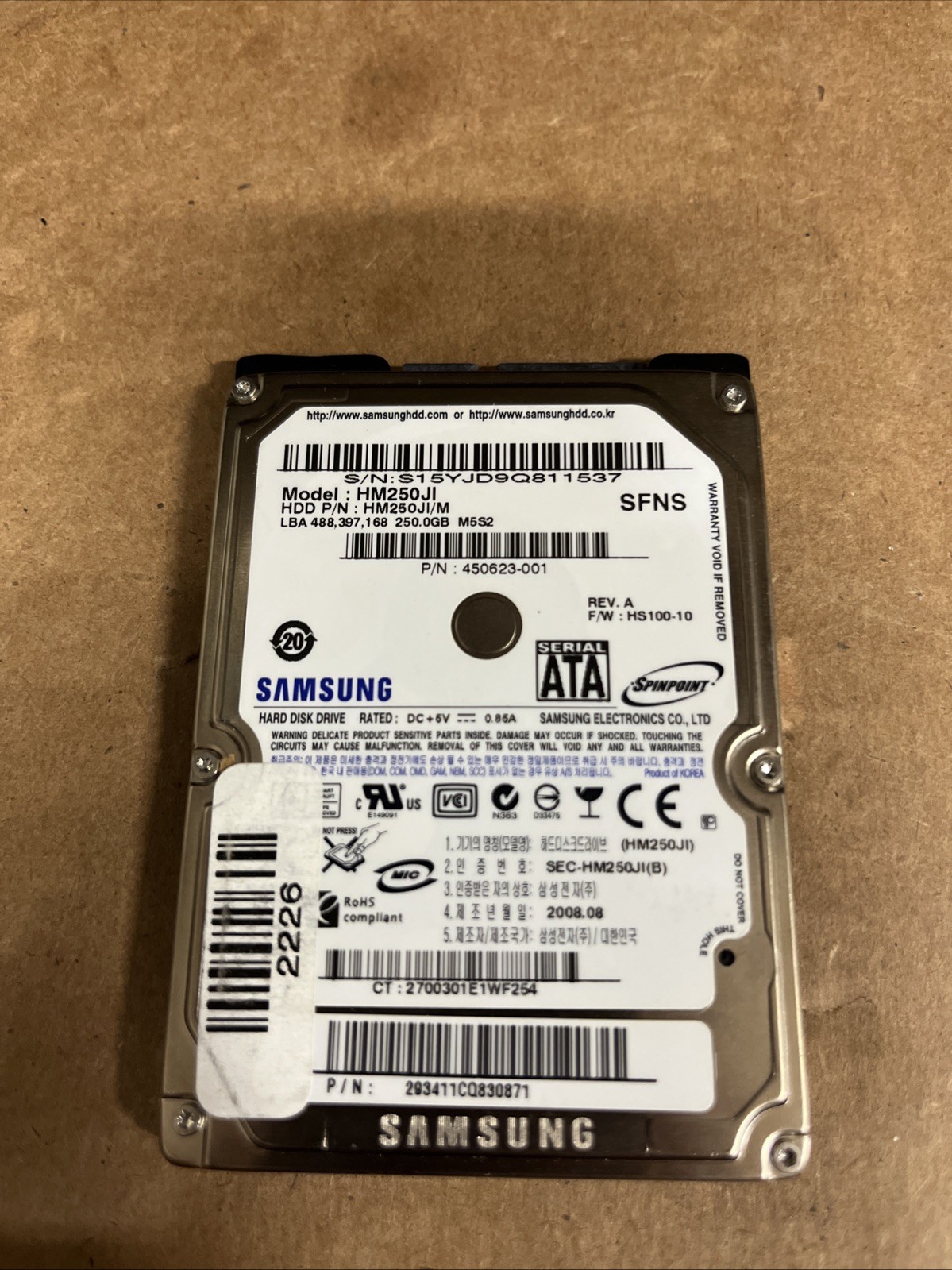 Samsung SpinPoint 250GB 2.5″ 5400RPM SATA Hard Drive / HM250JI /M