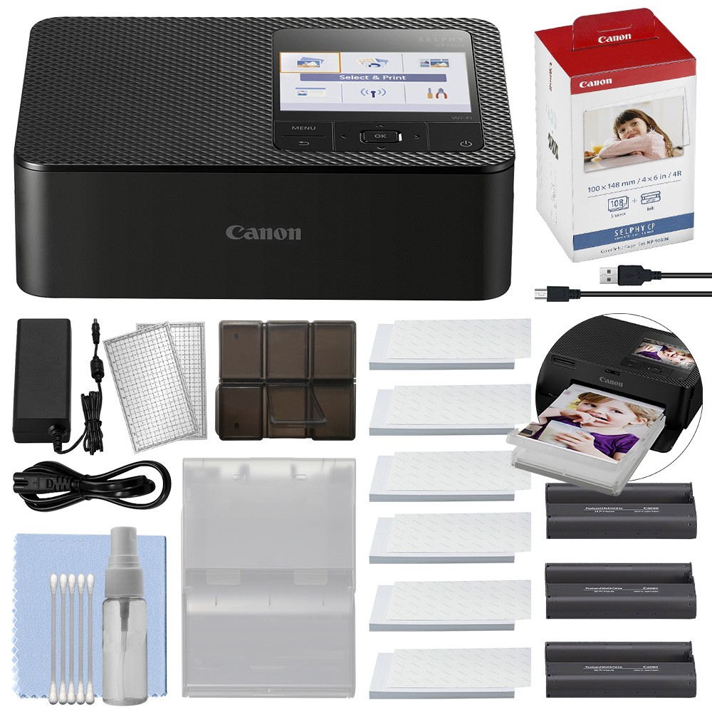 Canon SELPHY CP1500 Compact Photo Printer Black+ 108 Prints Set Accessory Bundle
