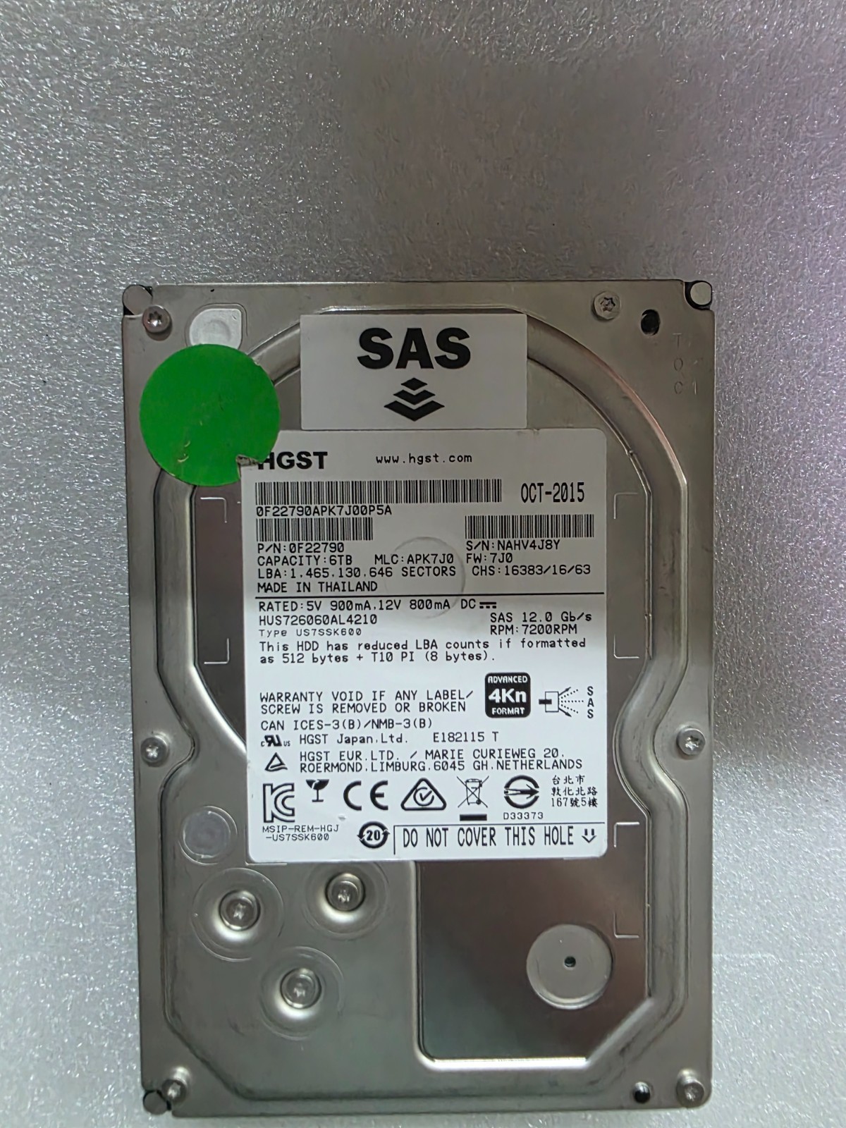 HGST HUS726060AL4210 6TB 7.2K RPM 12Gb/s 4Kn SAS 3.5″ HDD