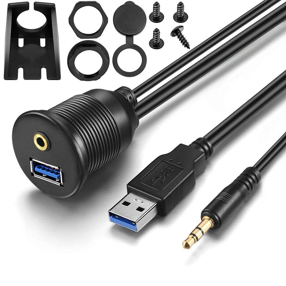 URWOOW 1M 3ft 3.5mm & USB 3.0 AUX Extension Mount Flush Cable, 3 feet, Black