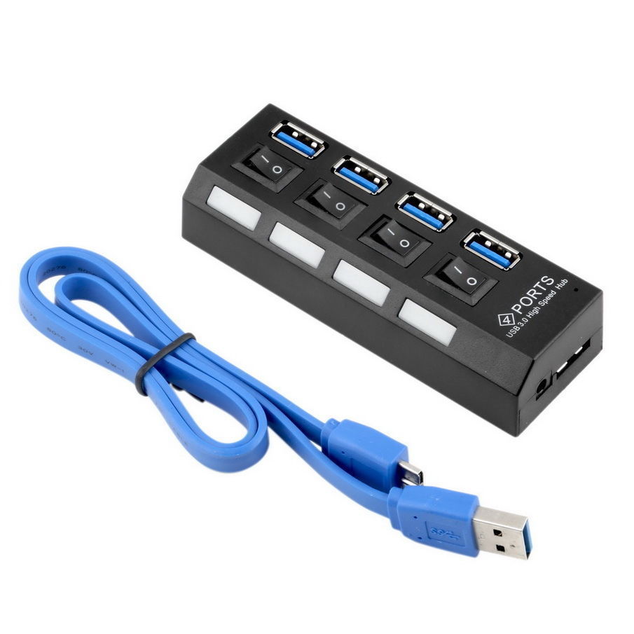 NEW 4 Ports USB 3.0 Hub Speed up to 5Gbps for PC laptop with on/off switch Black