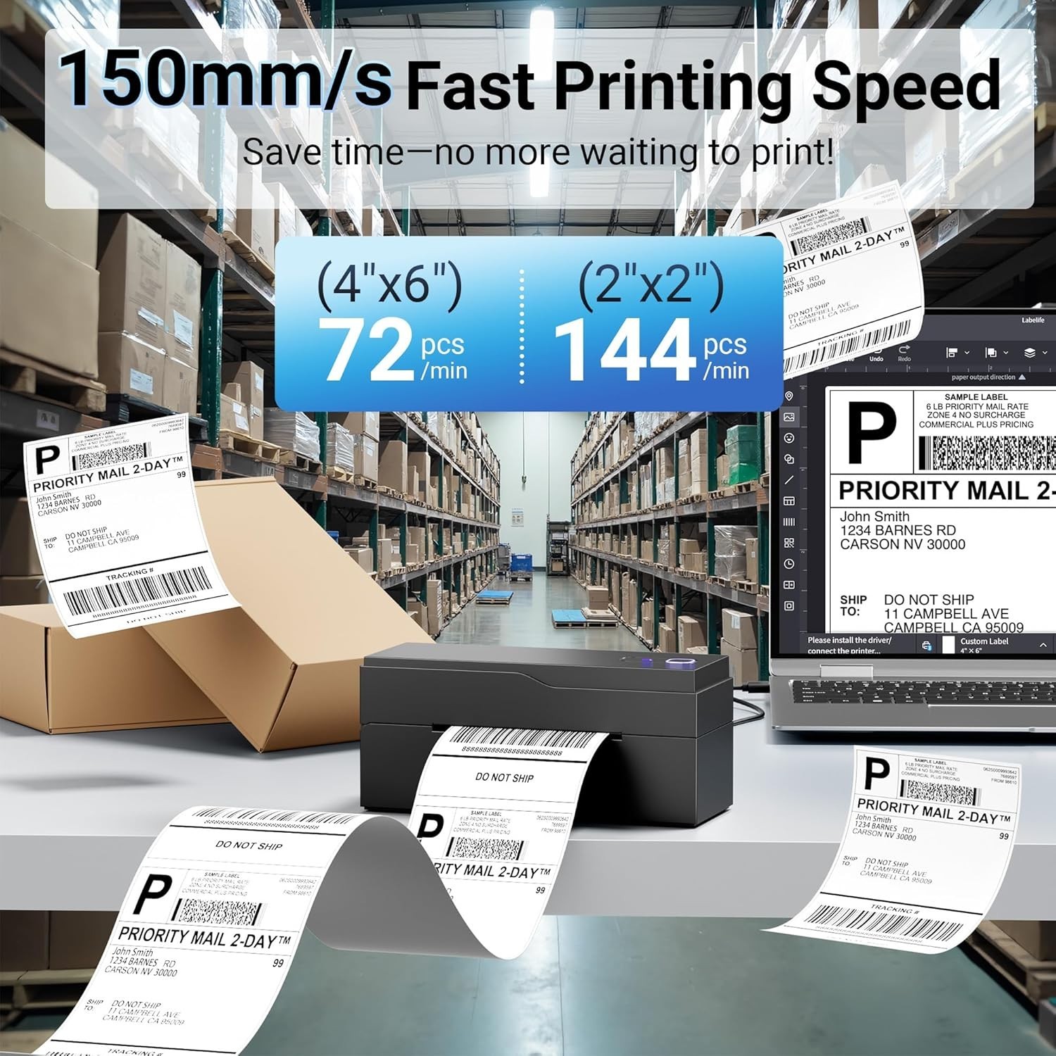 Shipping Label Printer Bluetooth+USB 4×6 Thermal Label Printer +30 Free Labels