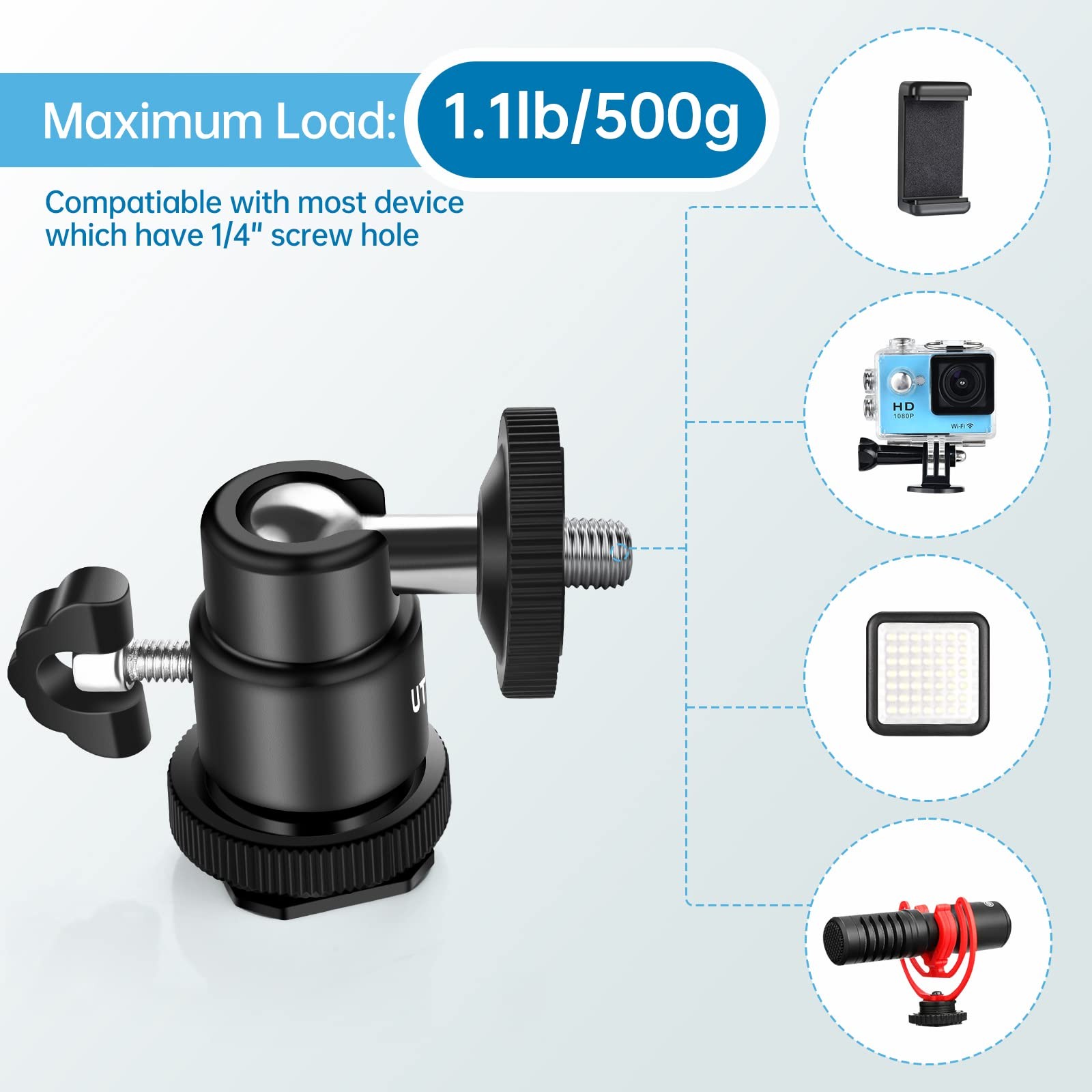 UTEBIT 2 Pack Universal 1/4″ Swivel Mini Ball Head 12MM BALL-2PACK, Black