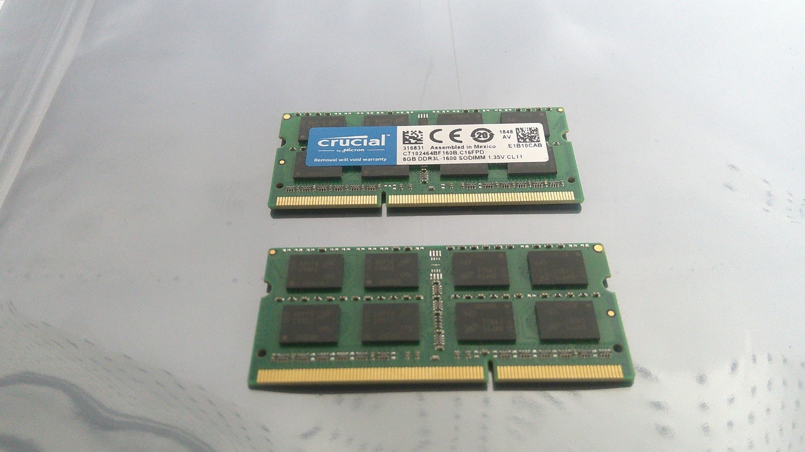Lot of 2 Used Crucial 8GB Laptop Memory DDR3L-1600 SODIMM CT102464BF160B.C16FPD