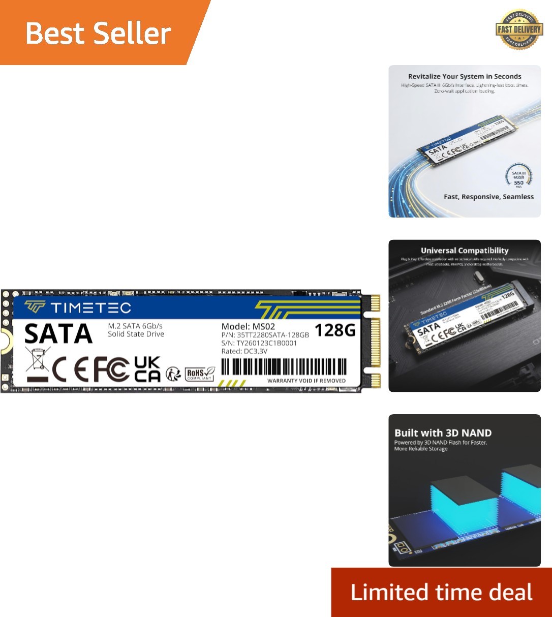 128GB SSD 3D NAND SATA III 6Gb/s M.2 2280 NGFF 64TBW Read Speed Up to 550MB/s…