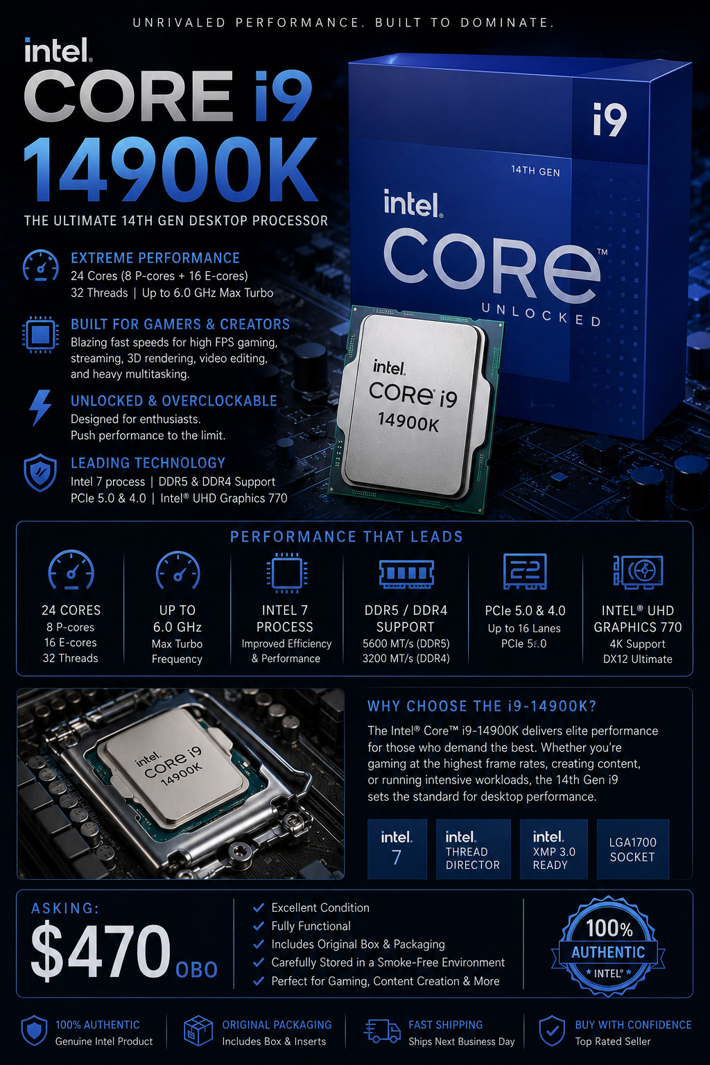 Intel Core i9-14900K NEW Factory Sealed 14th Gen LGA1700 Unlocked Desktop Proces