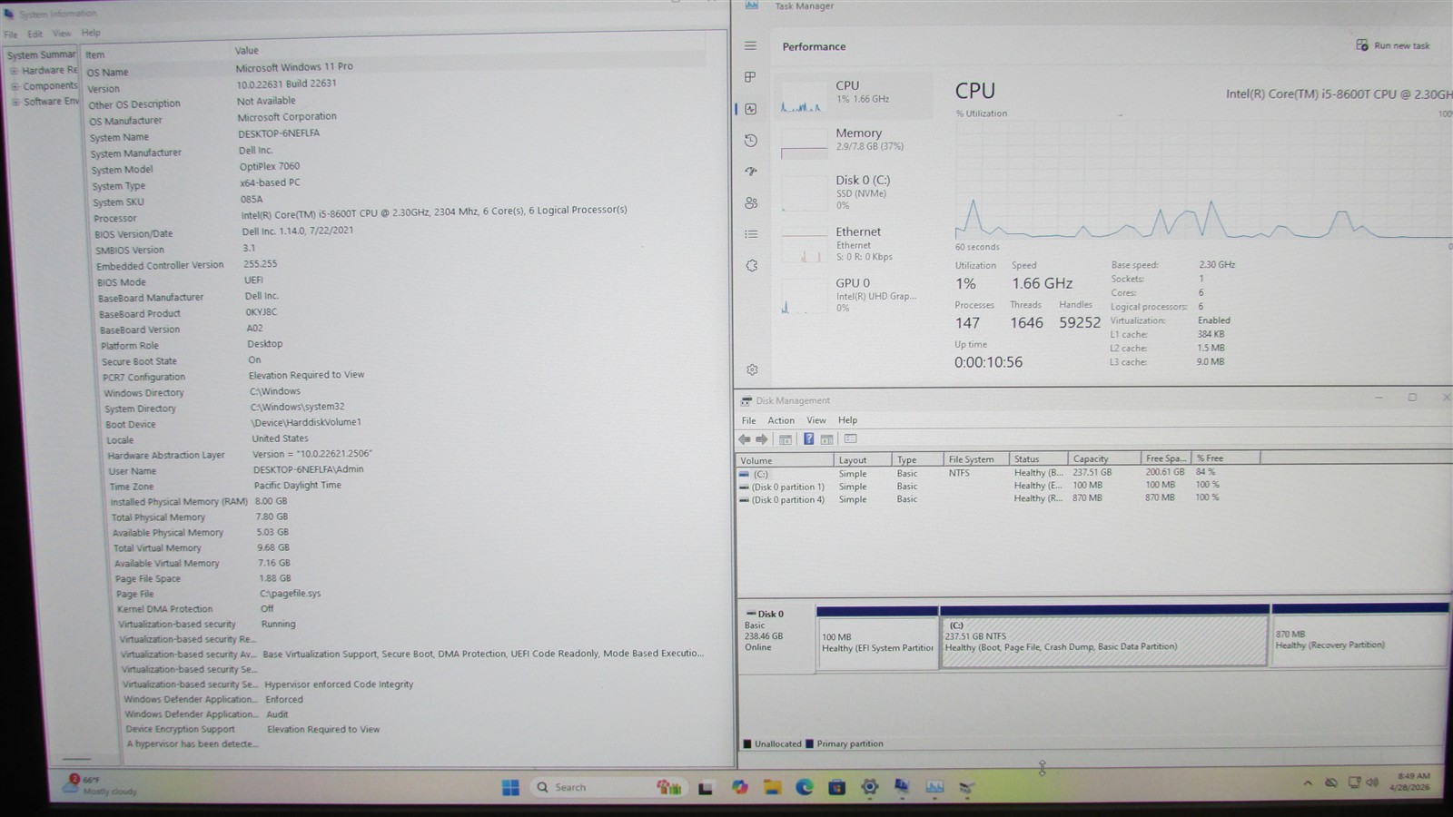 Dell Optiplex 7060 i5-8600T 2.3GHz 8GB RAM 256GB NVME Windows 11 Pro Mini PC