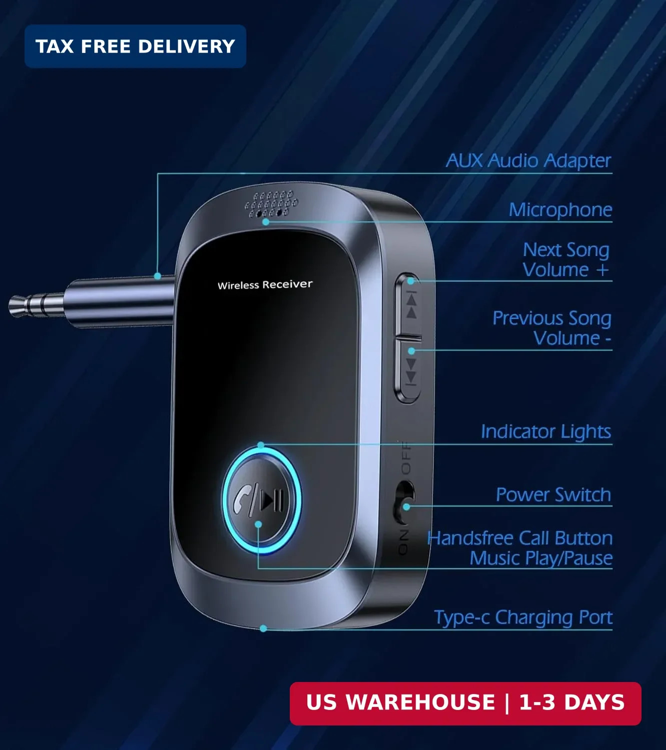 Bluetooth AUX Adapter for Car, Auxiliary Bluetooth Adapter for Car Music & Hands
