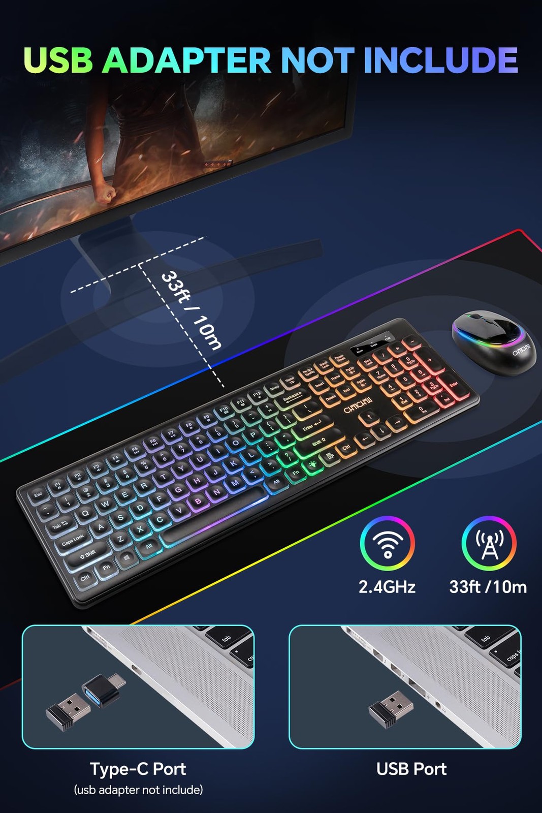 Wireless Keyboard and Mouse CHONCHOW Rechargeable LED RGB backlit, black
