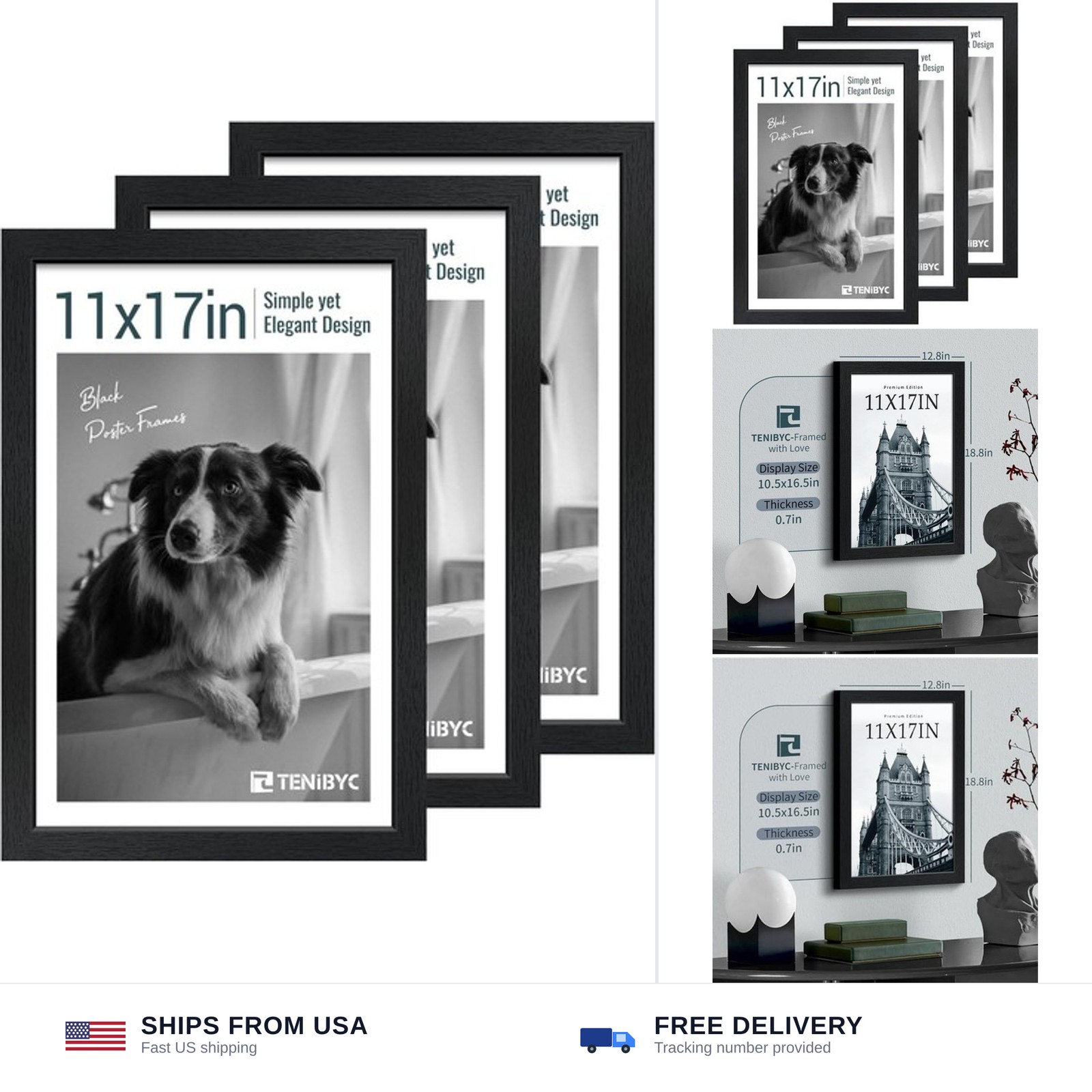 11×17 Picture Frame 3 Pack – Black Woodgrain Poster Frame, Solid Wood & HD Te…