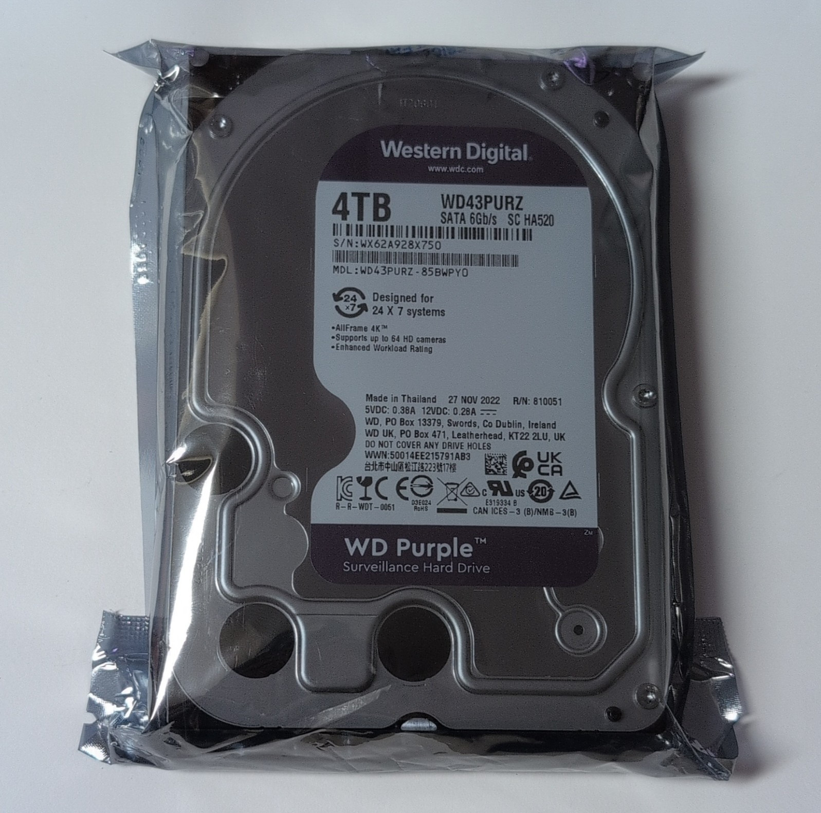 Western Digital WD Purple WD43PURZ 4TB 3.5″ SATA III Surveillance HDD 64MB