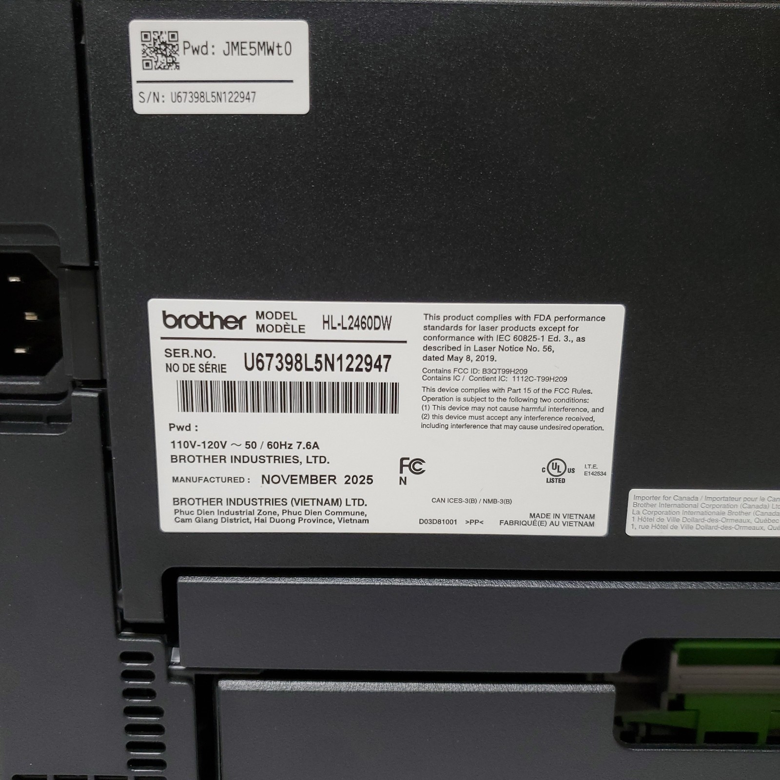 Brother HL-L2460DW Black White Laser Printer 750 Pg Ct LOW USE W/Toner Wi-Fi