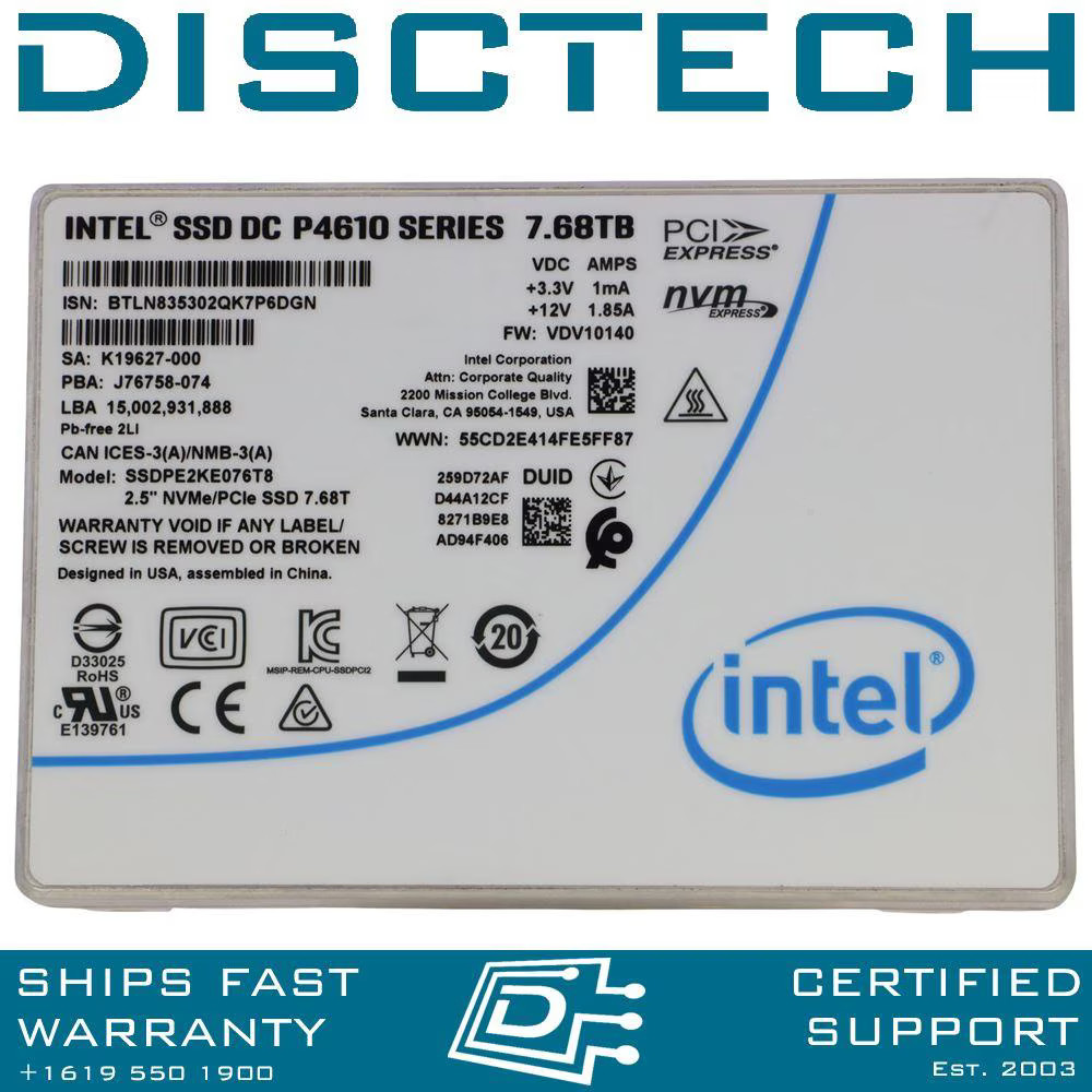 Intel SSDPE2KE076T801 7.68TB 2.5″ TLC DC P4610 Series MU SED PCIe NVMe 3.1 SSD