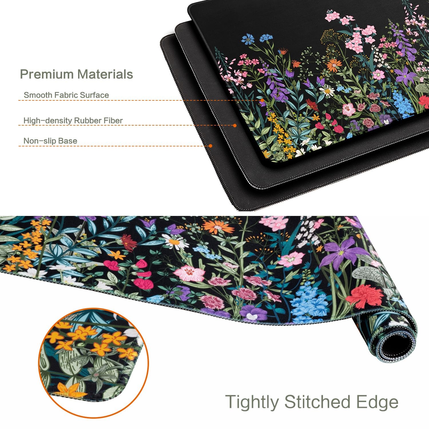 Desk Pad Black Floral, Big Pad Flowers Girls Desk Mat Extended Large Gaming P…