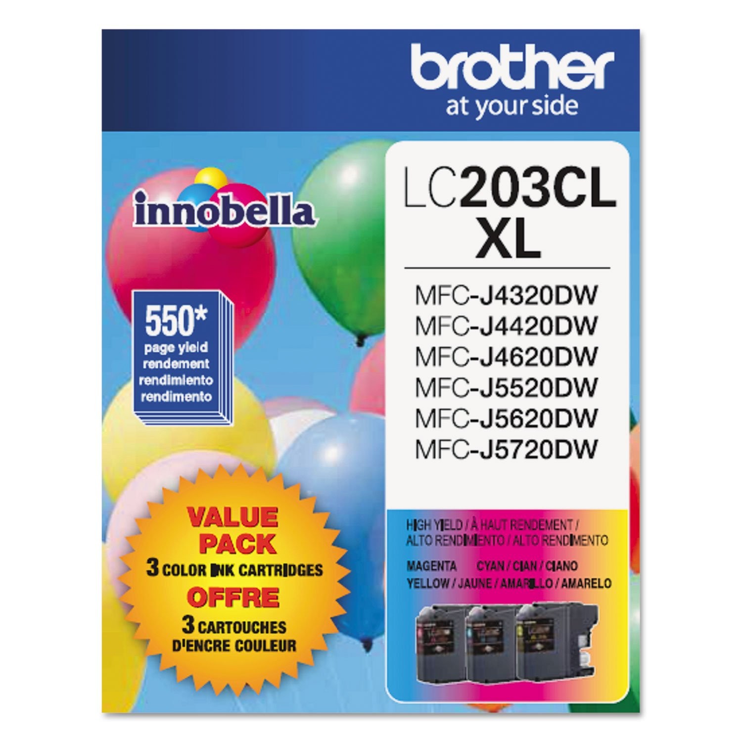 Brother Genuine High Yield Color Ink Cartridge, LC2033PKS, 550 pages, Colors