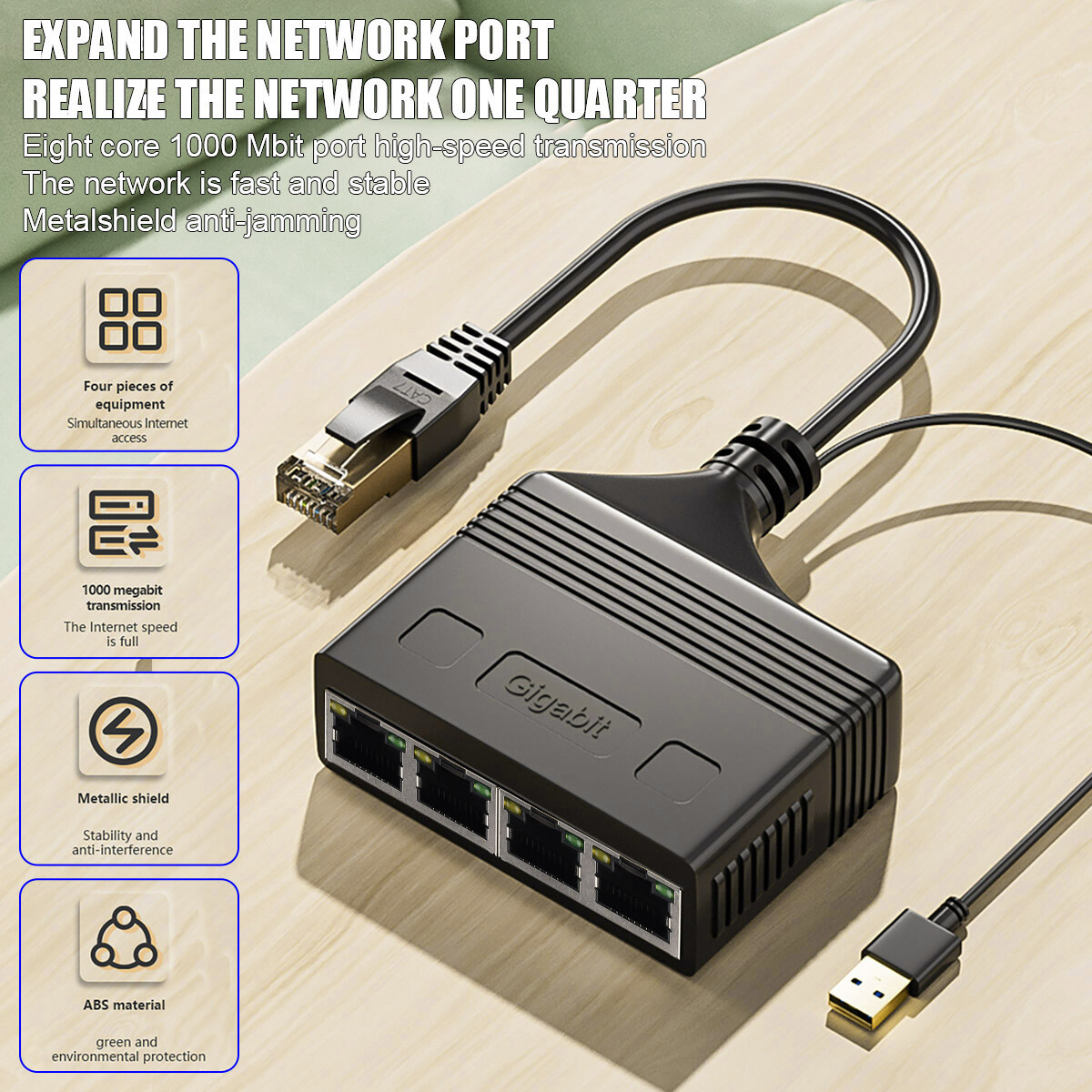 RJ45 interface One-to-four-wire adapte 1000Mbps Cat8 Cat7 Cat6 Cat5 Cat5e 5V 1A
