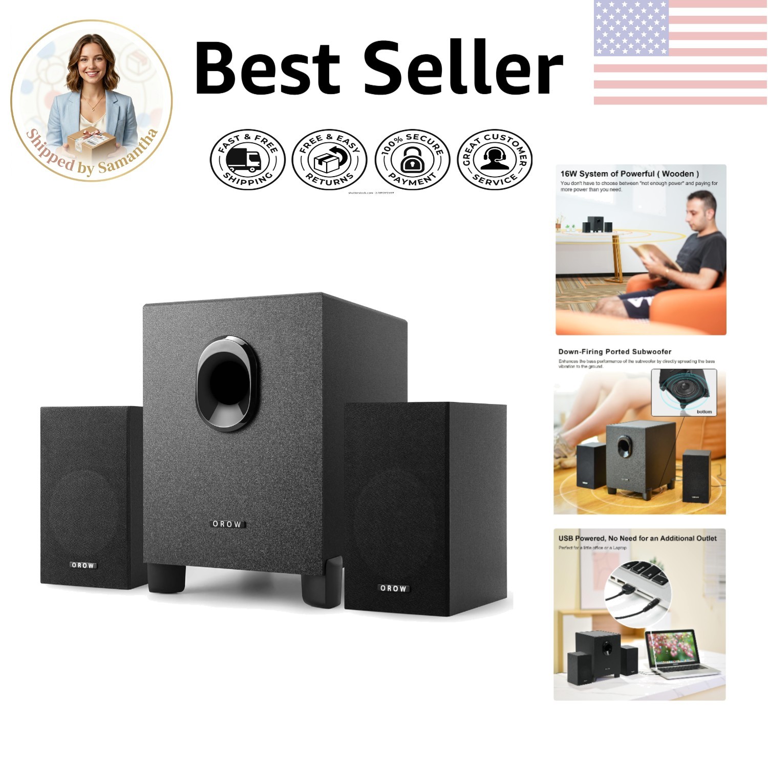 OROW S211 Wooden 16W Speakers – Strong Bass, Compact Design for All Devices