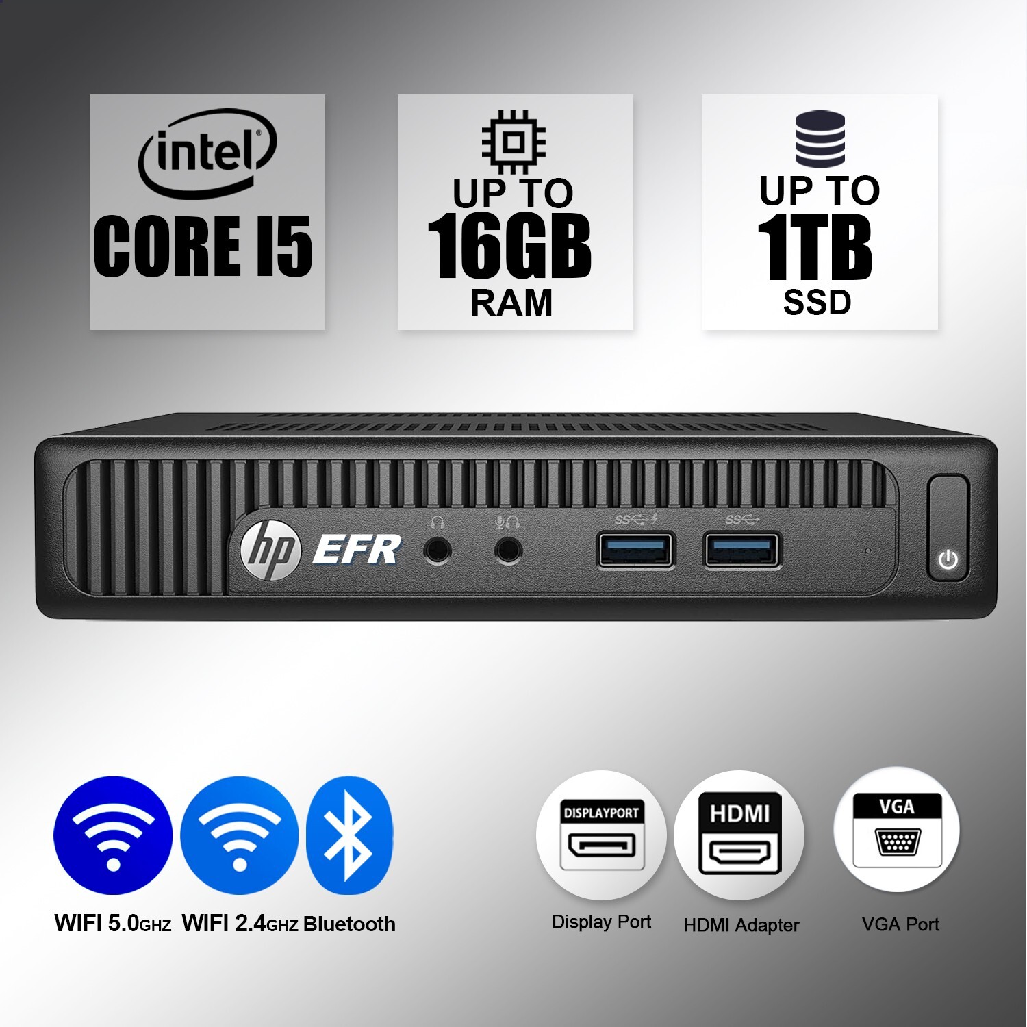 HP Micro Desktop Computer PC i5, Up to 32GB RAM, 1TB SSD, Windows/Ubuntu WiFi