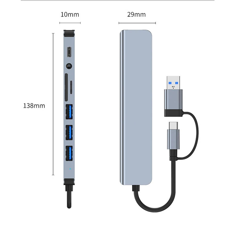 8 in 2 USB +Type C HUB Docking Station with 3.5mm Audio Jack Adapter Micro SD Ca