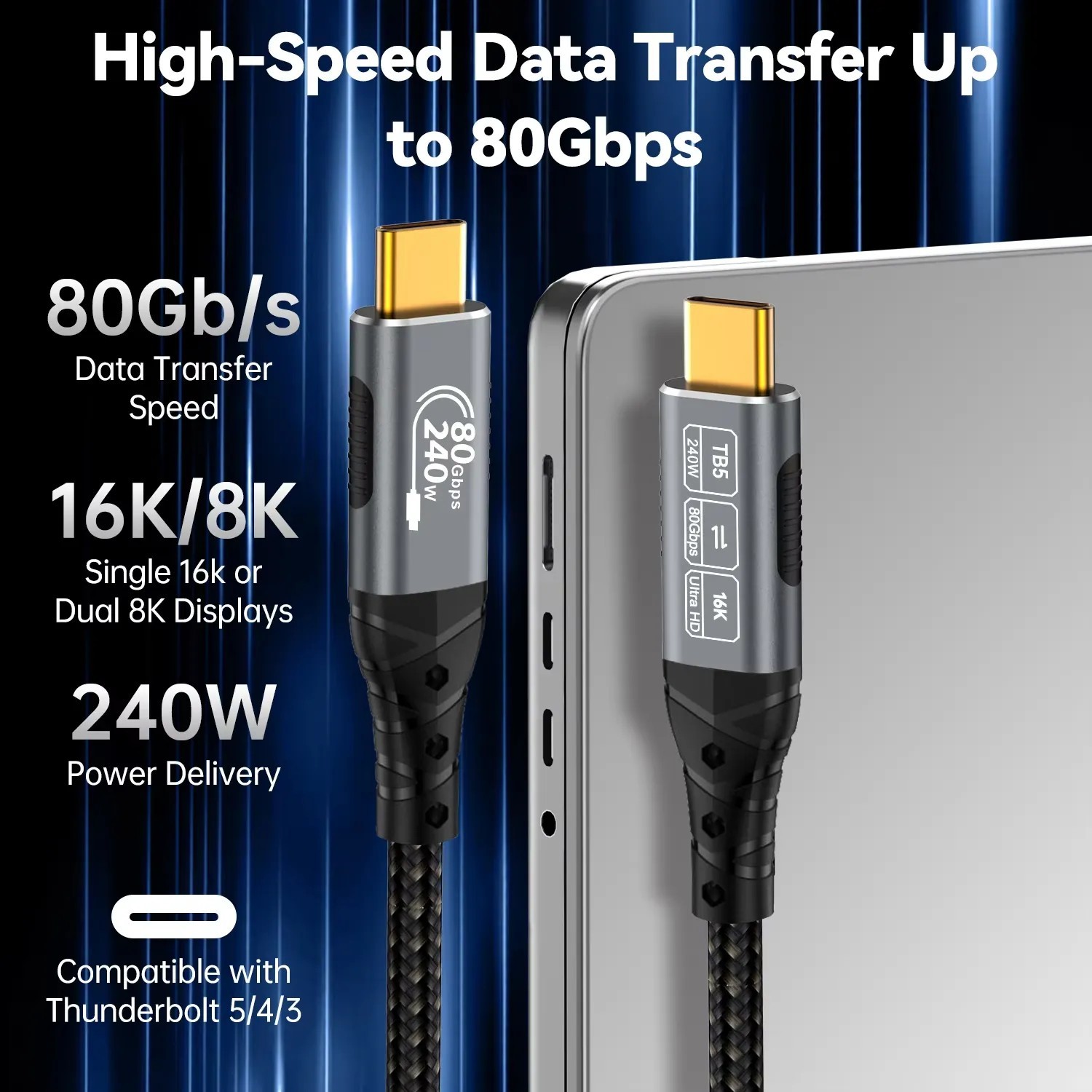 6.6ft High Speed Thunderbolt 5 USB4 Gen4 Type-C Video Data Cable 16K 80Gbps 240W