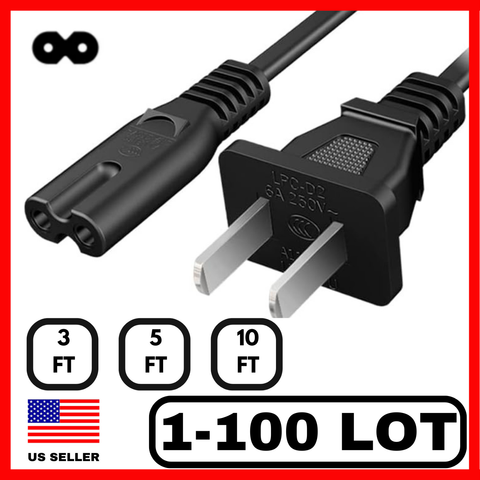Lot of 2 Prong Power Cord 3-10FT C7 2-Slot Cable For PS5 PS4 XBOX TV Samsung TCL