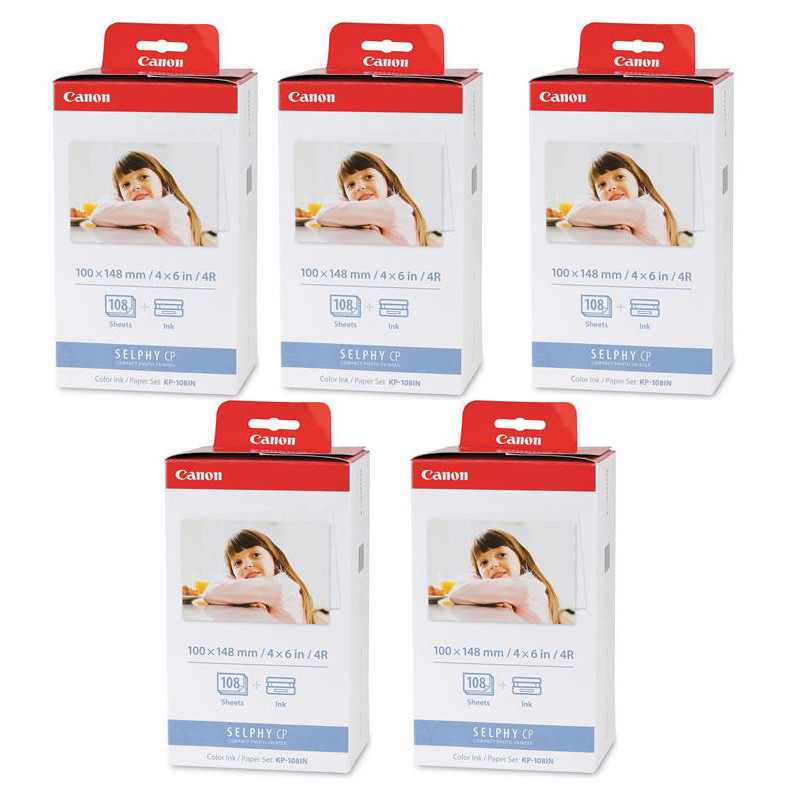 5 Packs Canon KP-108IN 4×6 SELPHY Color Ink and Paper Set, Total 540 Sheets