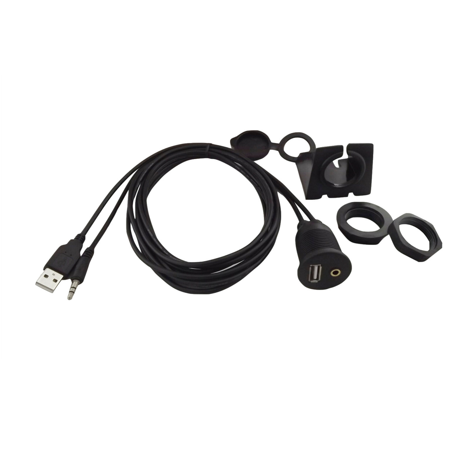Car Dashboard Flush Panel Mount 3.5mm Jack + USB 2.0 Extension Adapter Cable 6ft