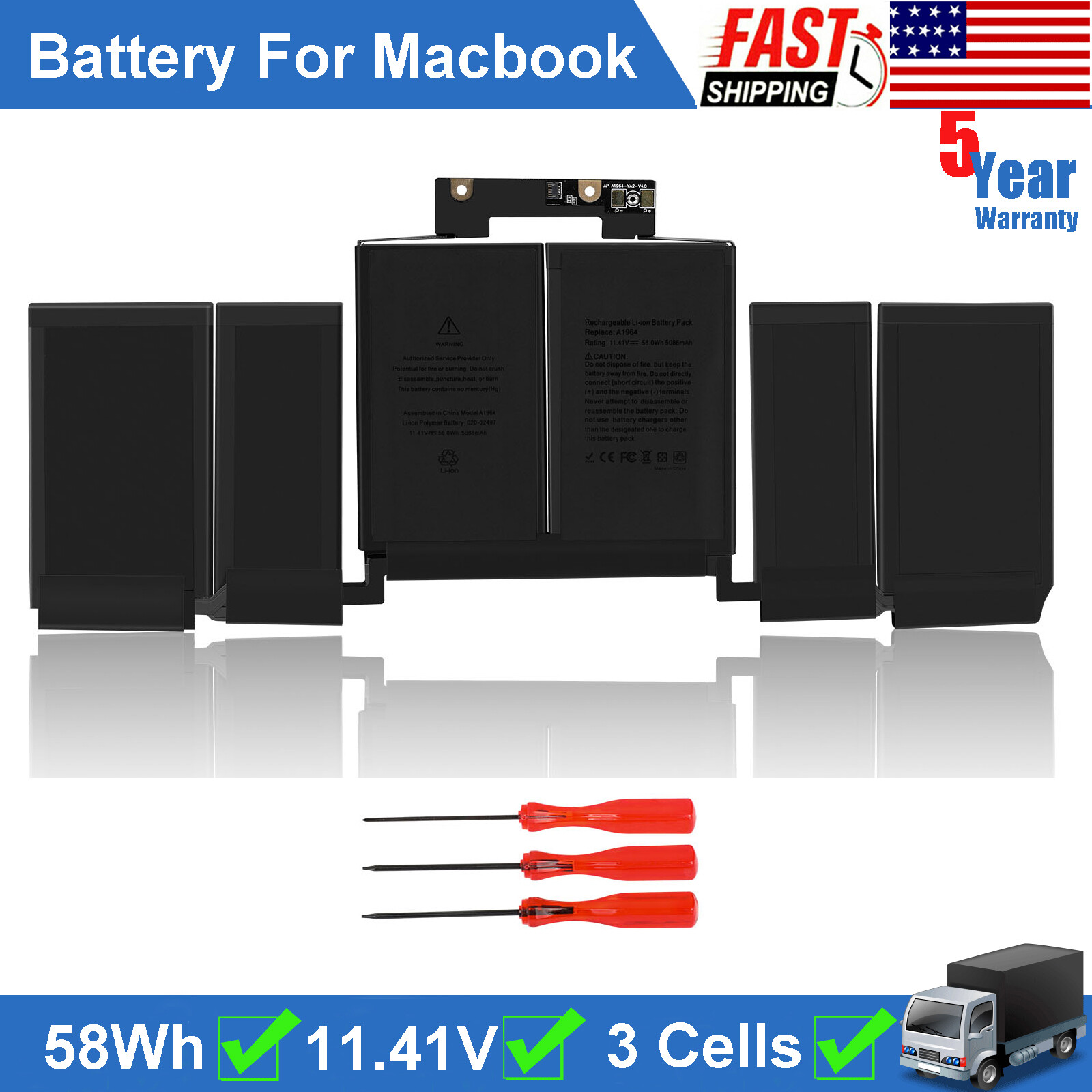 A1989 A1964 Battery For Apple MacBook Pro 13″ A1989 A2251 2018 2019 2020 5086mAh