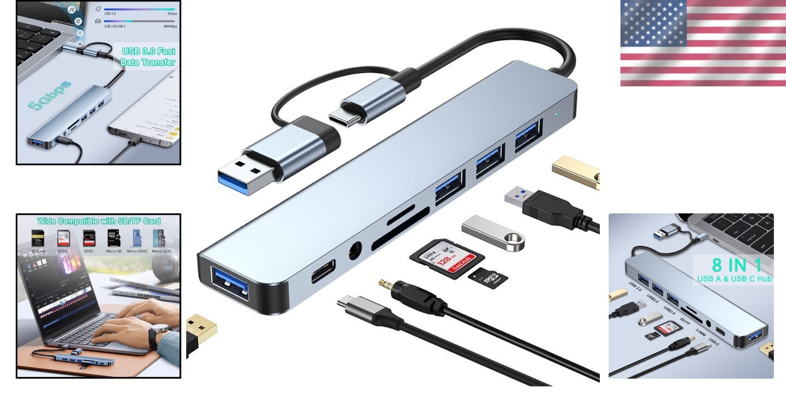 Aluminum USB C Hub with 3.5mm Audio Jack – 8 Ports for Multi-Device Use