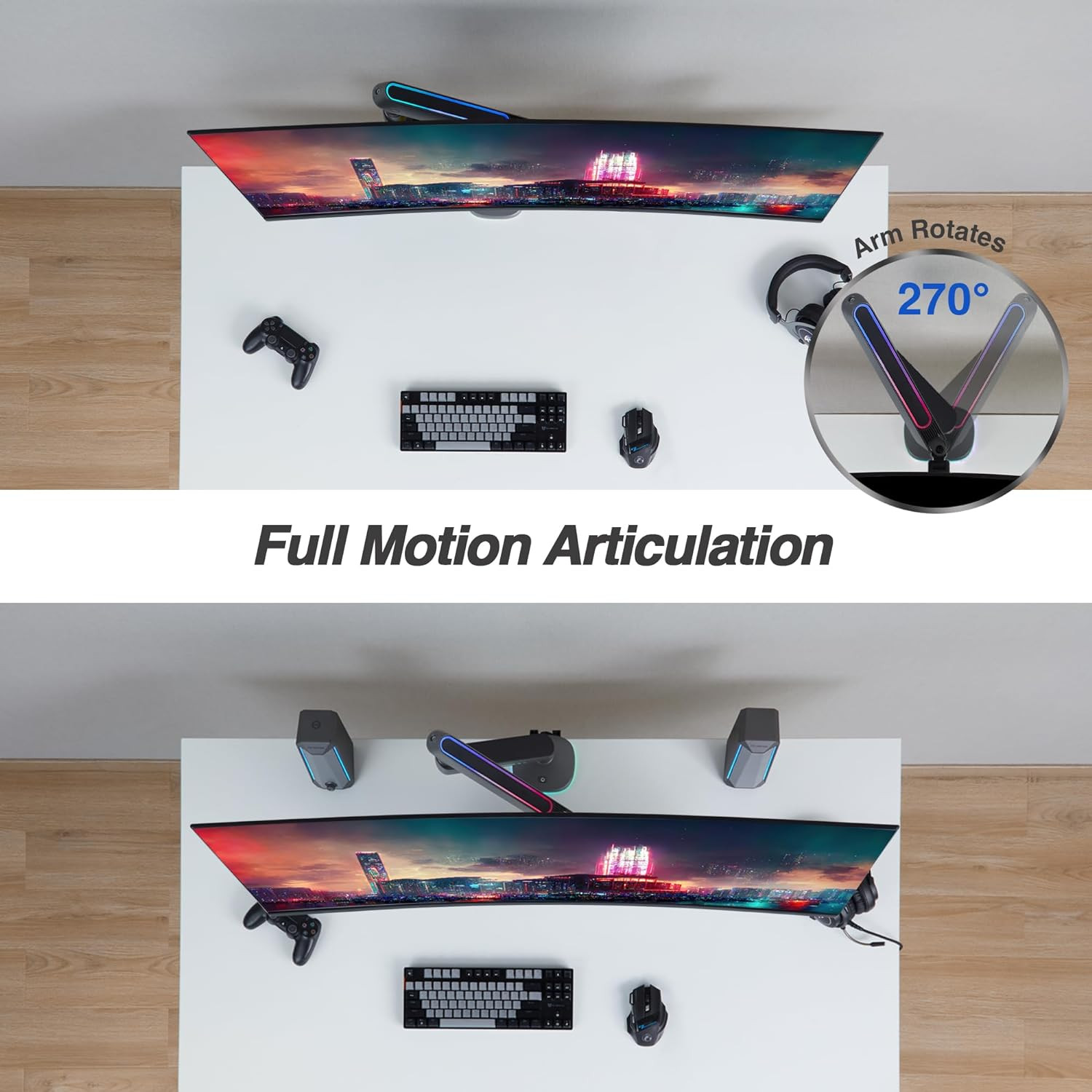 RGB Gaming Monitor Arm Desk Mount with 20 Lighting Modes – Adjustable Stand