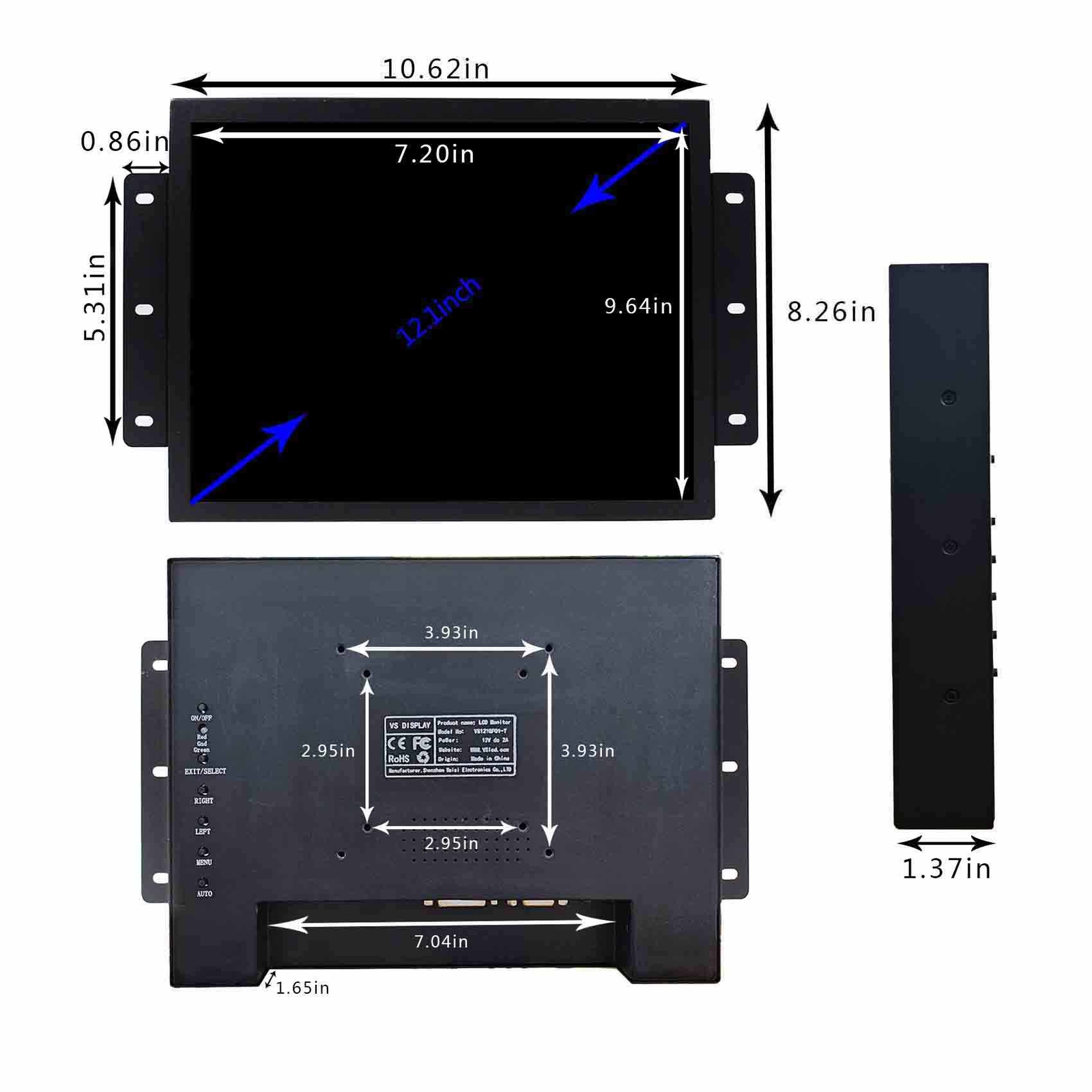 12.1in 1024×768 Capacitive Touch LCD Monitor Metal Case Black Industiral Monitor