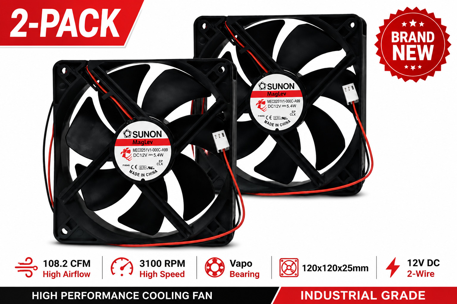 SUNON 12025 120x120x25mm 12V DC Cooling Fan 3000RPM 108CFM High Speed 2-Wire