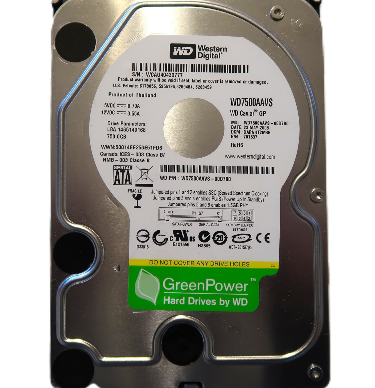 WD WD7500AAVS-00D7B0 DARNHT2MBB (WCAU) Thailand 3.5″ 750gb Sata HDD MAY/2008