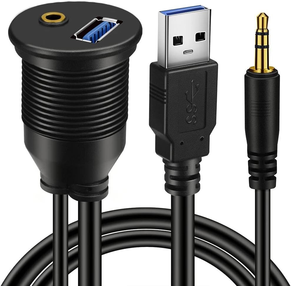 USB 3.0 & 3.5Mm Car Mount Flush Cable 1Ft AUX Extension Dash Panel