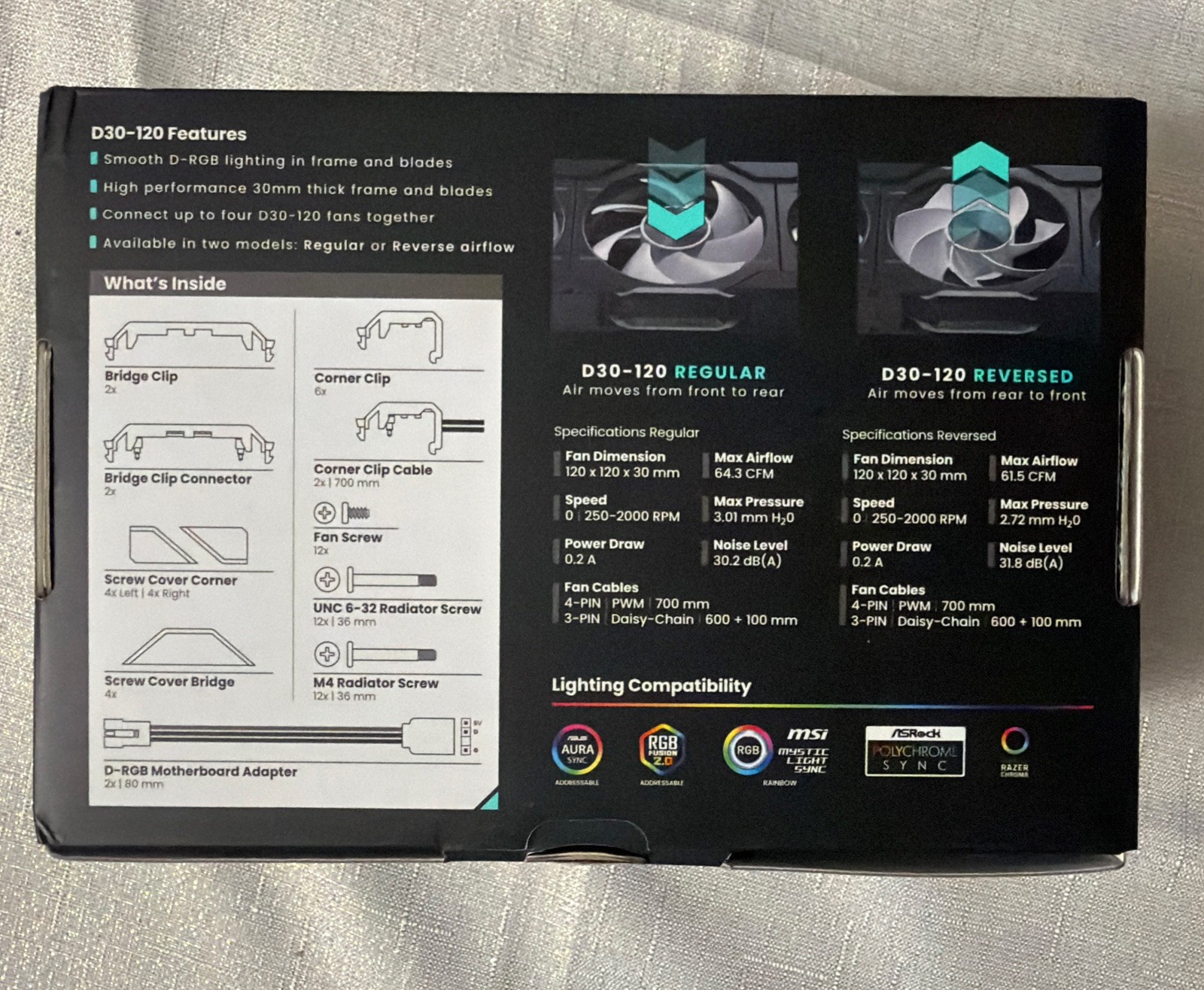 3 PACK, PHANTEKS D30 PWM Regular Airflow D-RGB 120mm fans, 30mm Thick