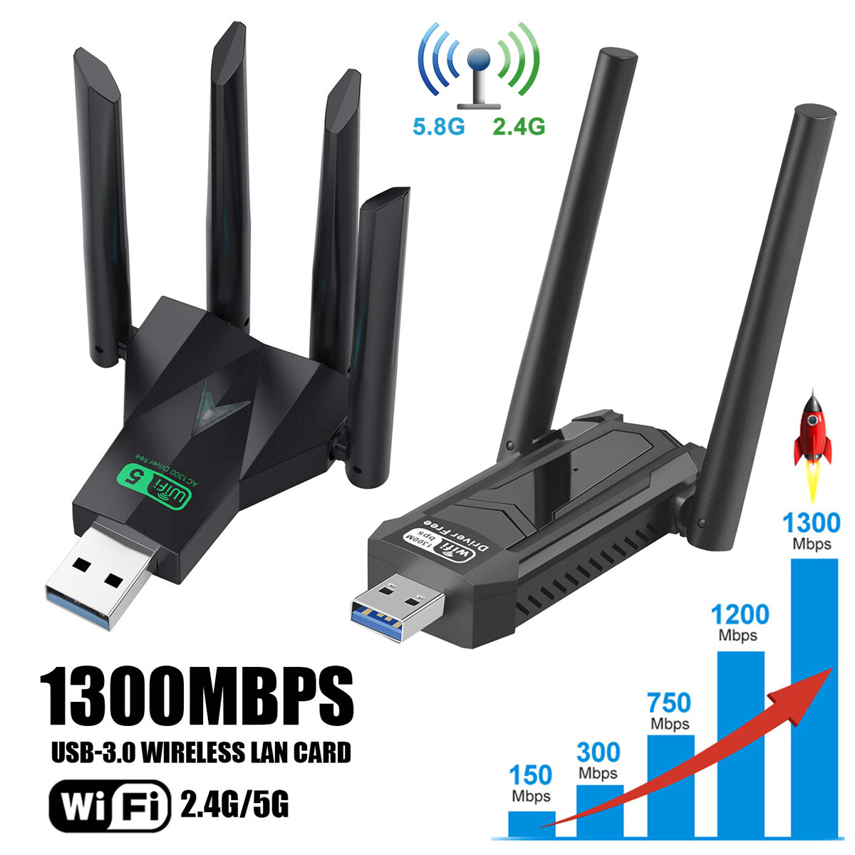 1300Mbps Wireless Dual Band USB 3.0 WiFi 2.4G/5G Network Adapter Dongle for PC`