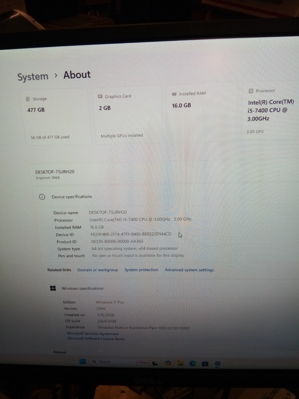 DELL INSPIRON 3668 I5-7400 3.00GHZ 16GB 512GB SSD WIN11PRO OFFICE 2010 WIFI +