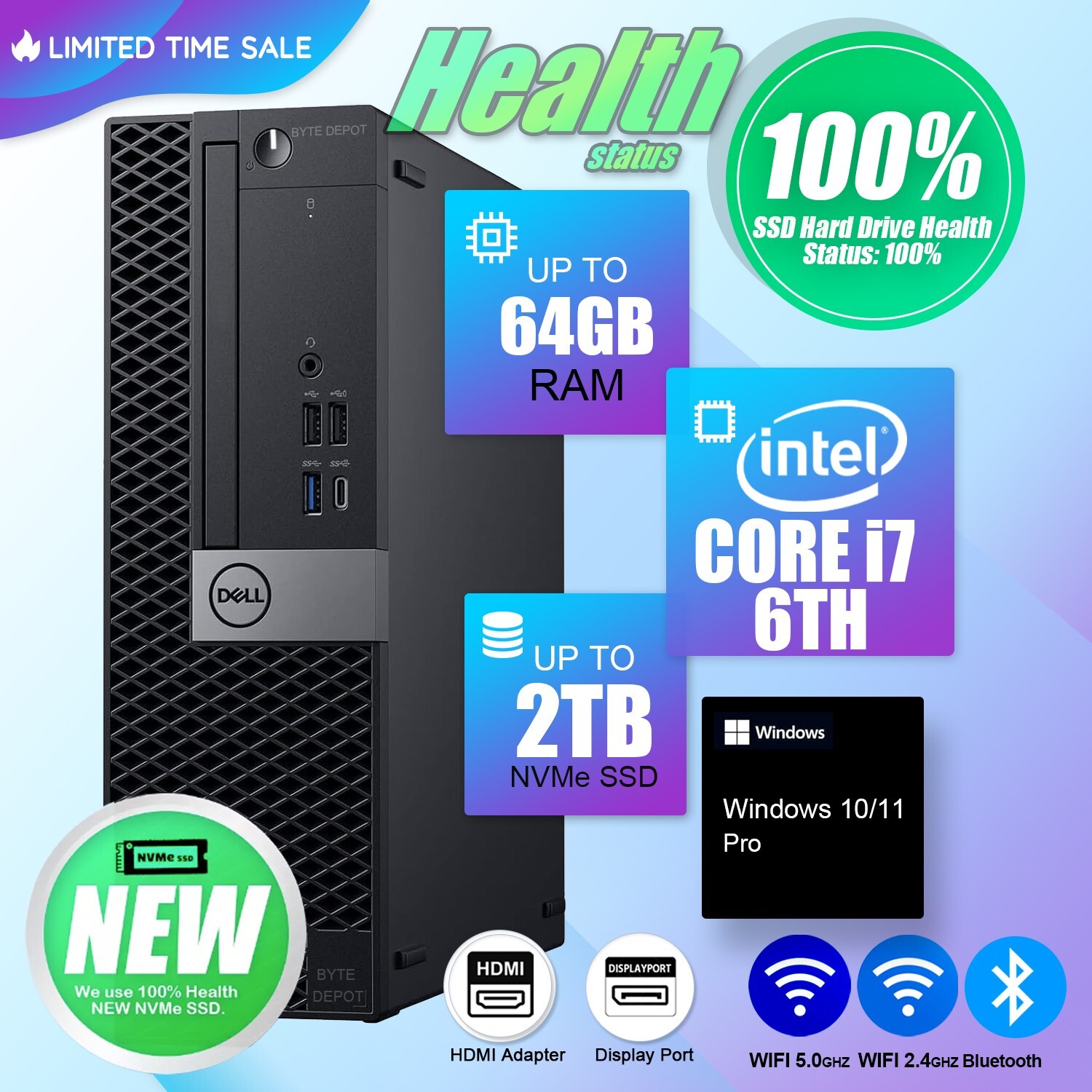 DELL Desktop Computer PC i7,Up to 64GB RAM, 2TB m.2 SSD, Windows 11/10, WiFi