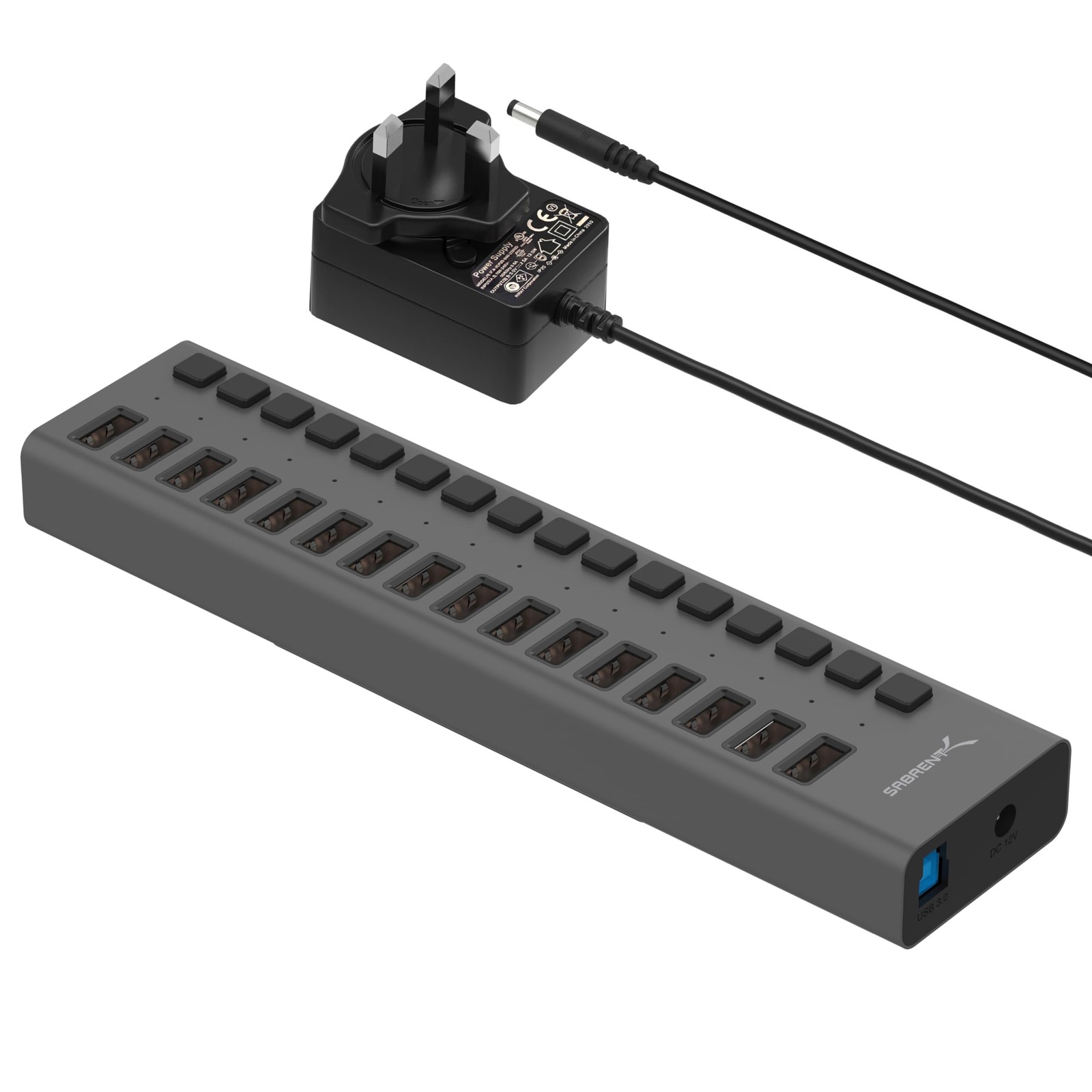 16-Port USB 3.0 Data Hub and Charger with Individual 16-port, Black