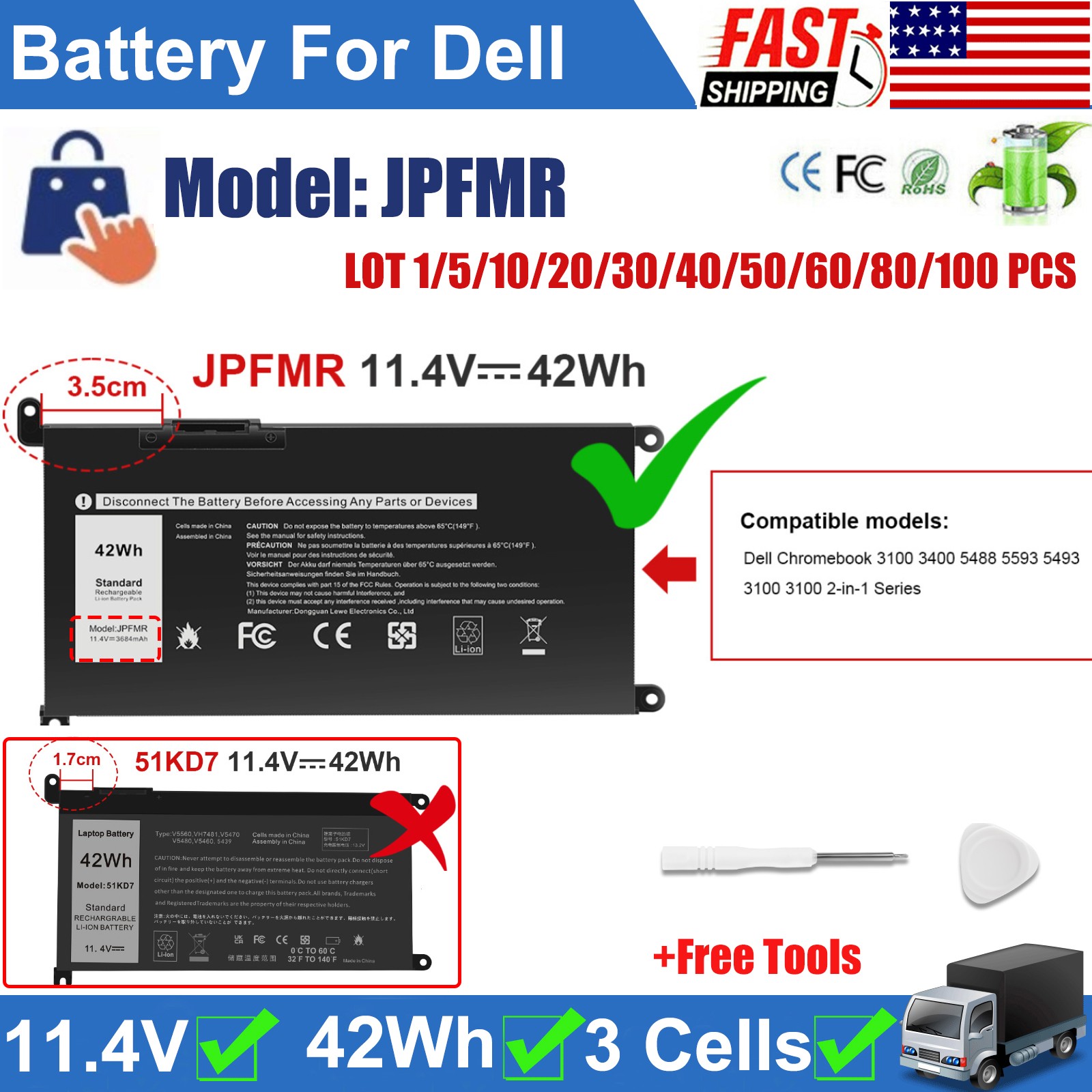 ✅LOT JPFMR Battery For Dell Chromebook 3400 5488 5493 5593 16DPH 65N6H 7T0D3 NEW