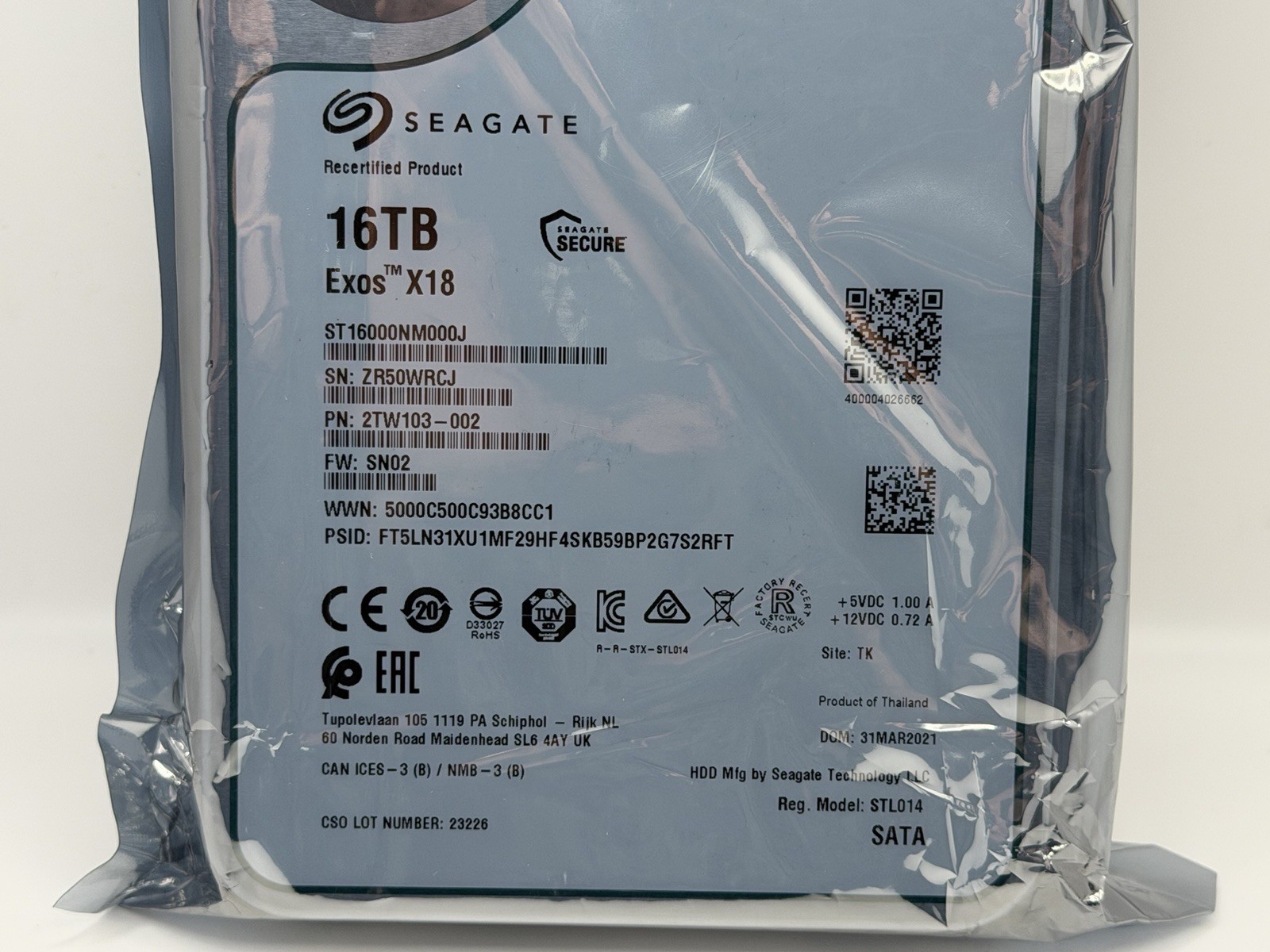 Seagate Exos 16TB X18 Enterprise HDD 6Gb/s 7.2K RPM 256MB Cache 512e 6G – Recert