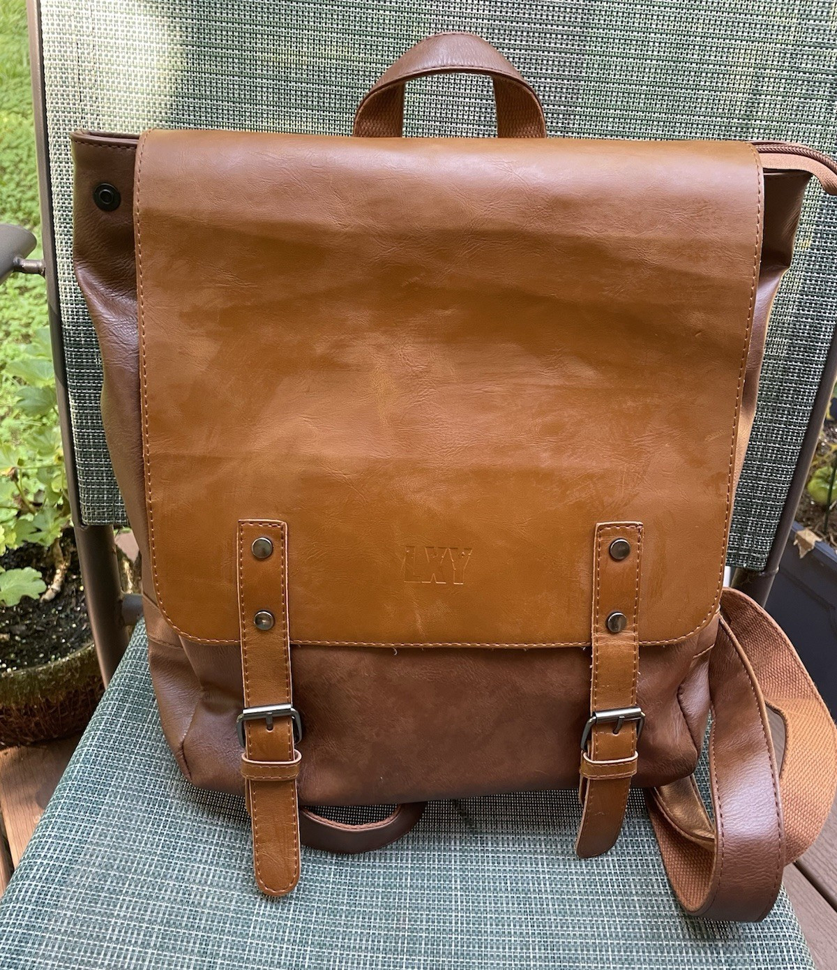 LXY Vegan Leather Backpack Brown Flap Buckle Laptop Pocket Travel Bag