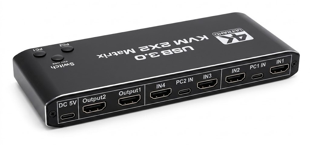 4K Ultra HD USB 3.0 KVM 2×2 Matrix Switch PC1/PC2 Selector – Unit Only