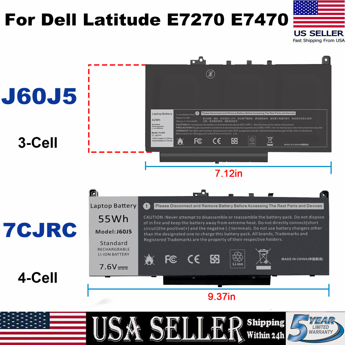 ✅J60J5/7CJRC Battery For Dell Latitude E7270 E7470 7470 7270 MC34Y /Charger