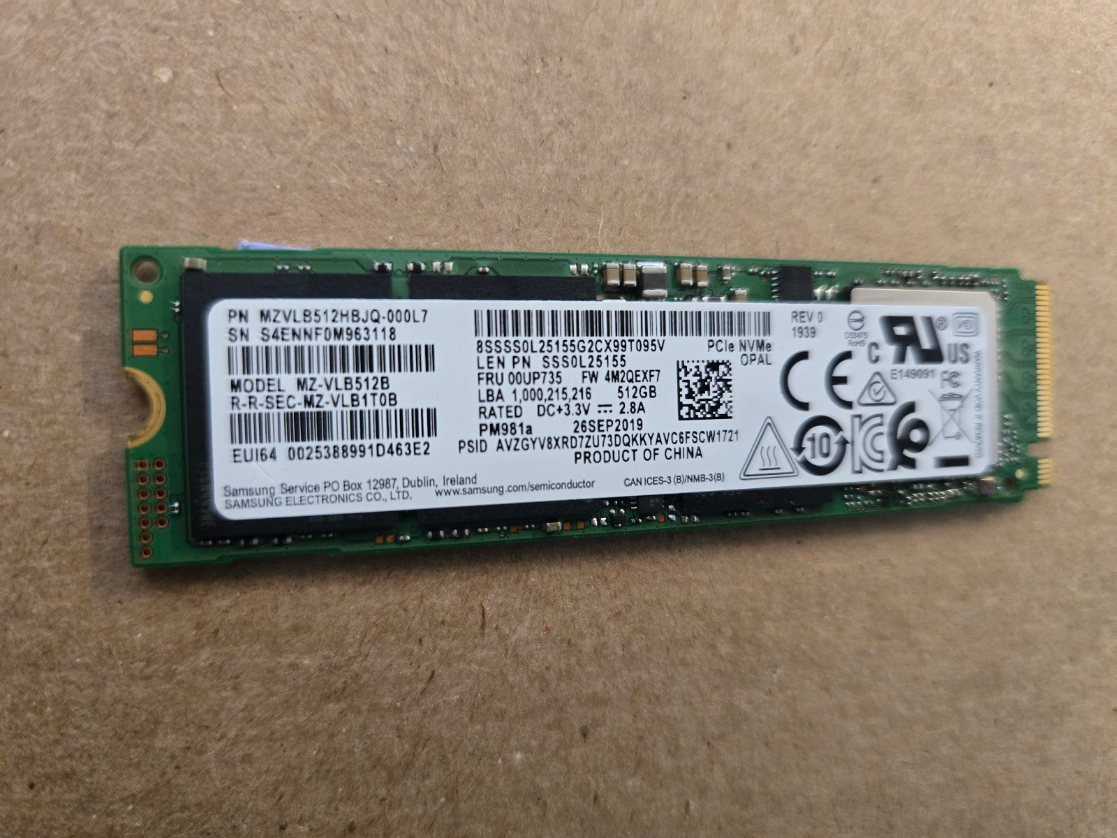 Samsung PM981a NVMe 512GB Solid State Drive (MZ-VLB512B)- 100% HEALTH