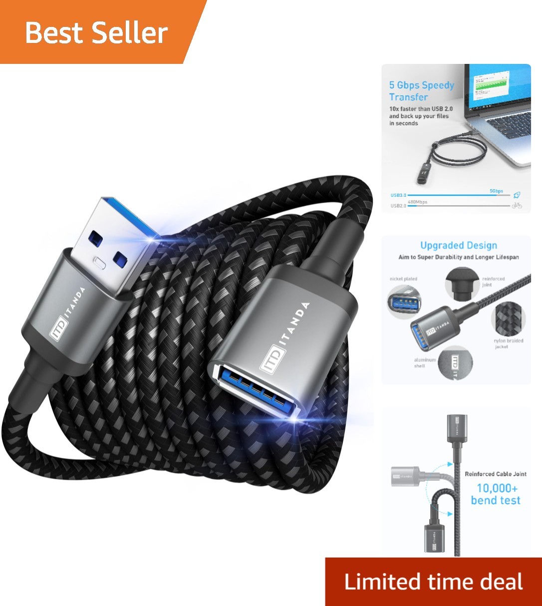 Universal 10FT USB 3.0 Extension Cable – Fast Charging, Ideal for Gaming & More